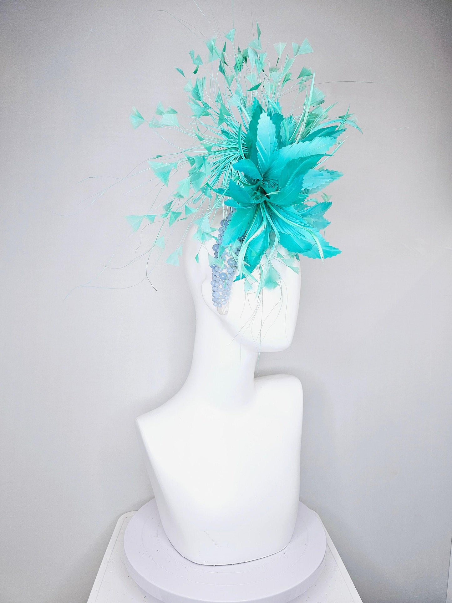 kentucky derby hat fascinator green feather flower and feathers with light blue pearl beaded headband