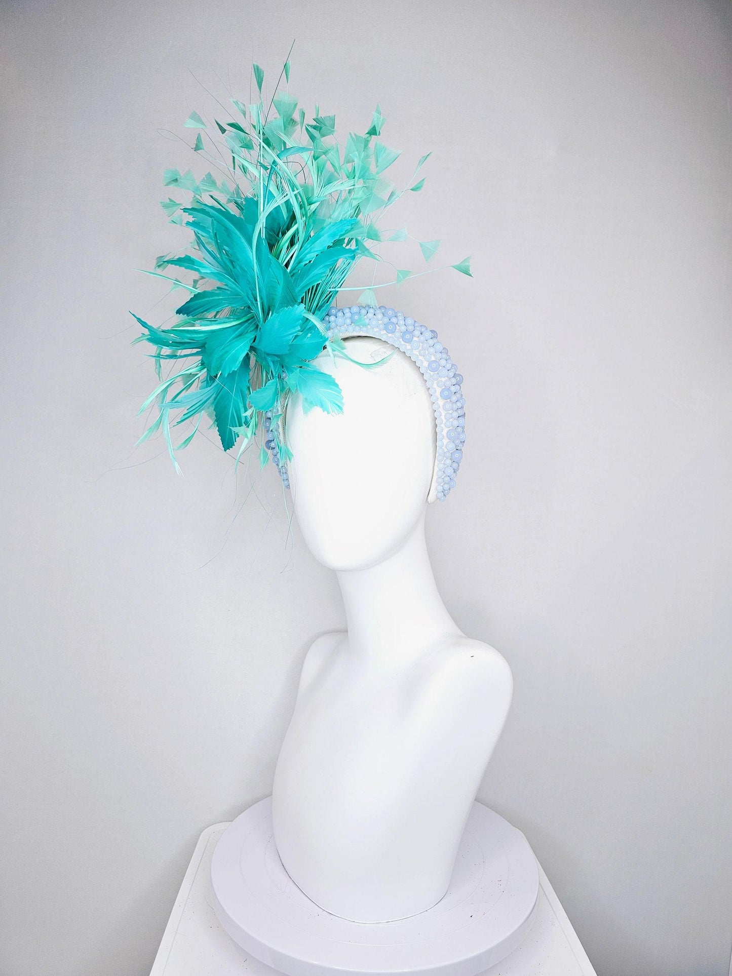 kentucky derby hat fascinator green feather flower and feathers with light blue pearl beaded headband