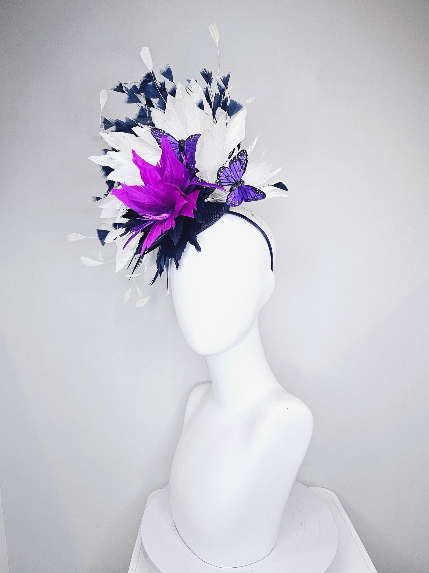 kentucky derby hat fascinator navy sinamay and navy blue purple feather flower navy and white feathers with purple and black butterflies