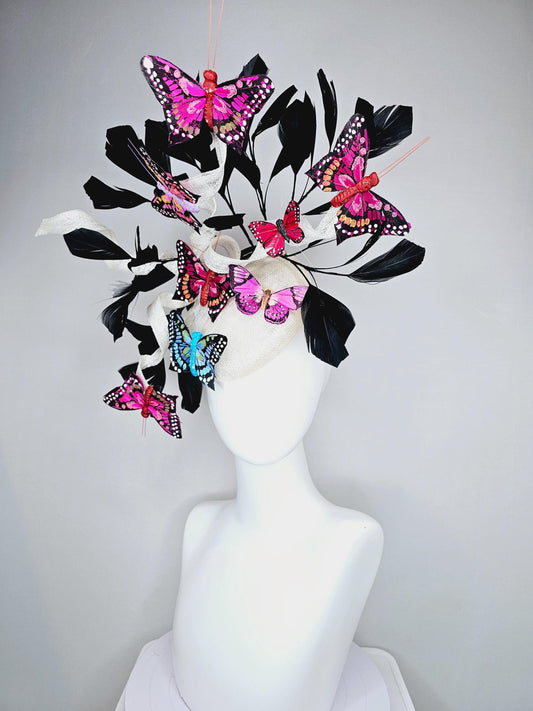 kentucky derby hat fascinator white sinamay with curls,black branching feathers,colorful rainbow pink,blue,purple,red painted butterflies