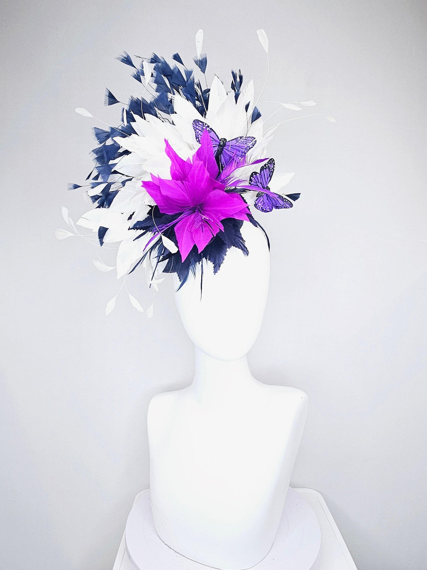 kentucky derby hat fascinator navy sinamay and navy blue purple feather flower navy and white feathers with purple and black butterflies