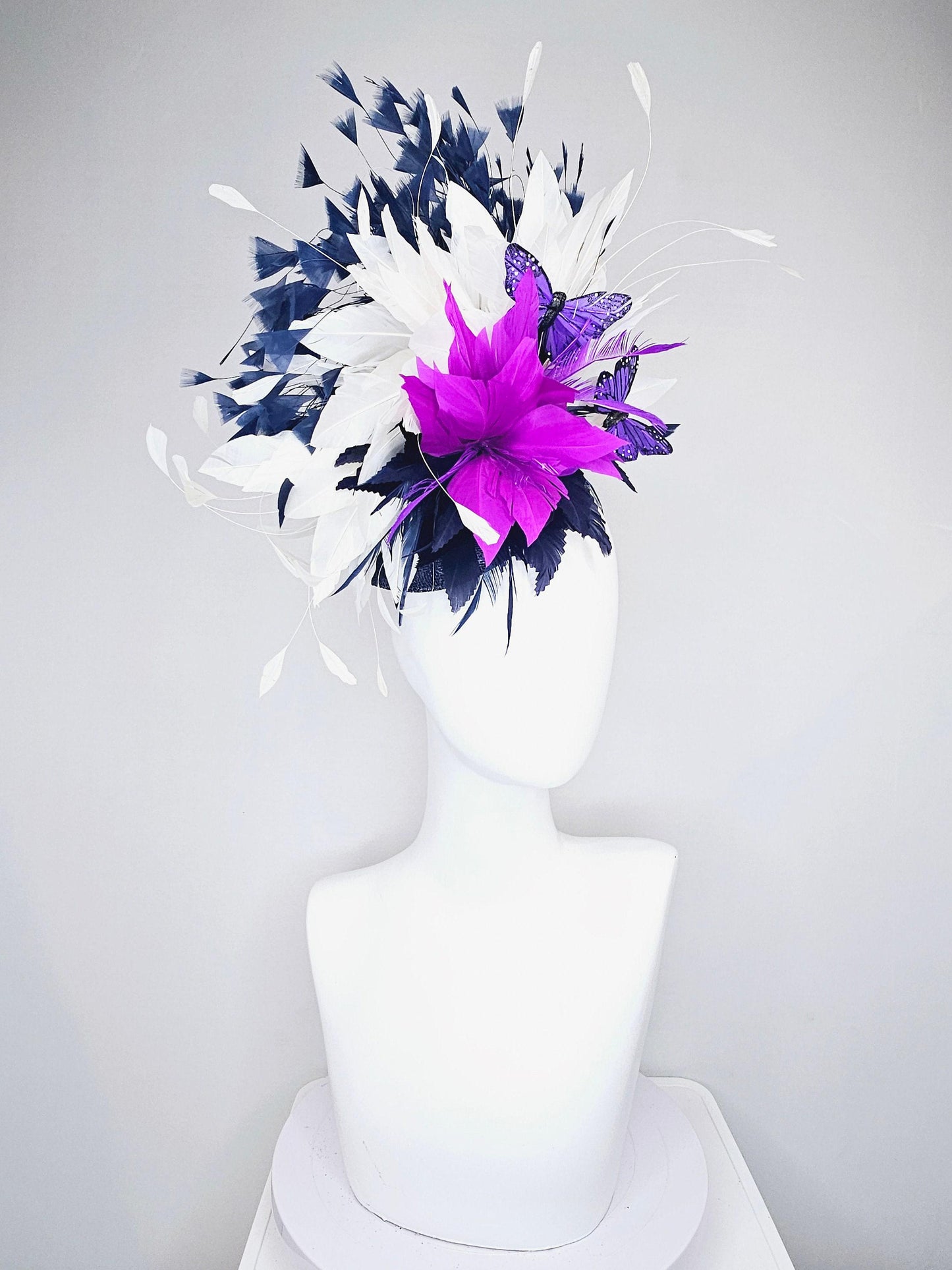 kentucky derby hat fascinator navy sinamay and navy blue purple feather flower navy and white feathers with purple and black butterflies