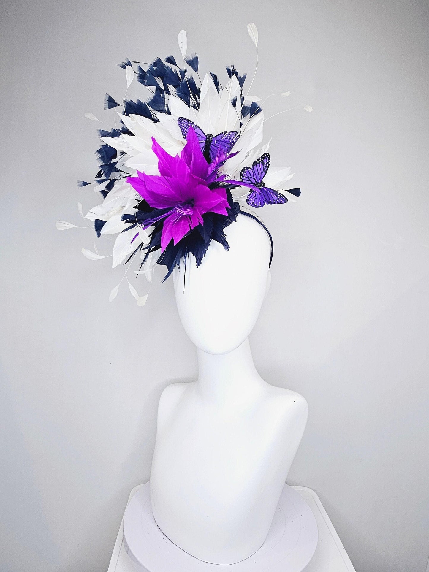 kentucky derby hat fascinator navy sinamay and navy blue purple feather flower navy and white feathers with purple and black butterflies