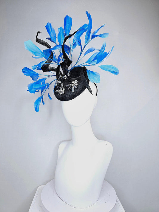 kentucky derby hat fascinator black sinamay with blue black clear taupe crystal jewels  with turquoise blue feathers