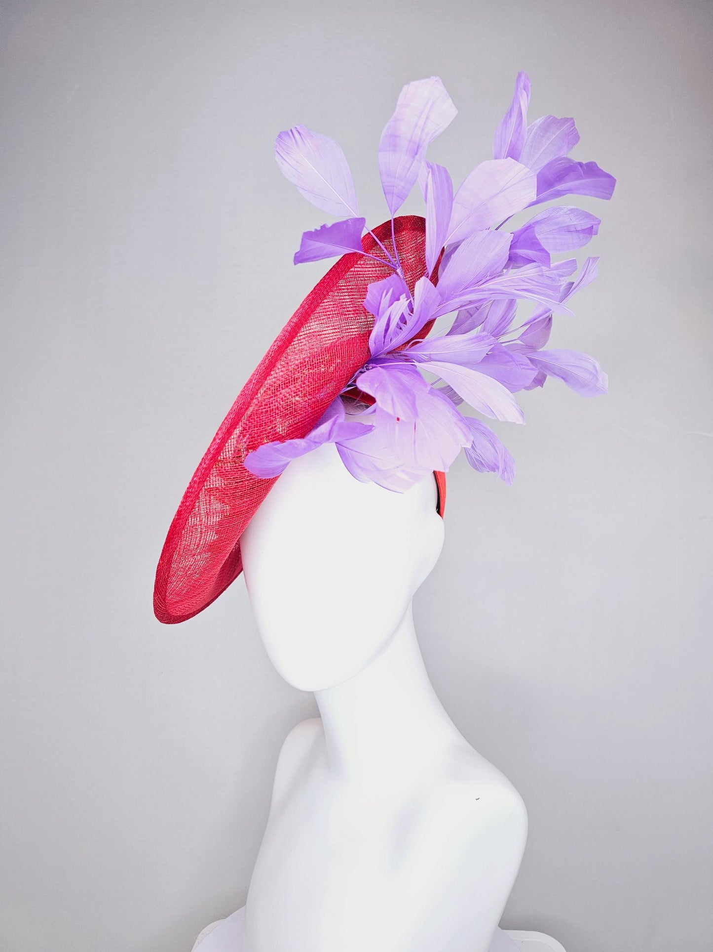 kentucky derby hat fascinator red sinamay saucer with red purple gold green embroidered flowers and lavender purple branching feathers
