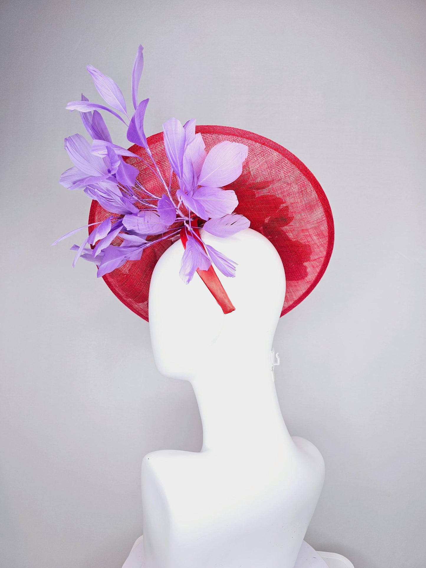 kentucky derby hat fascinator red sinamay saucer with red purple gold green embroidered flowers and lavender purple branching feathers