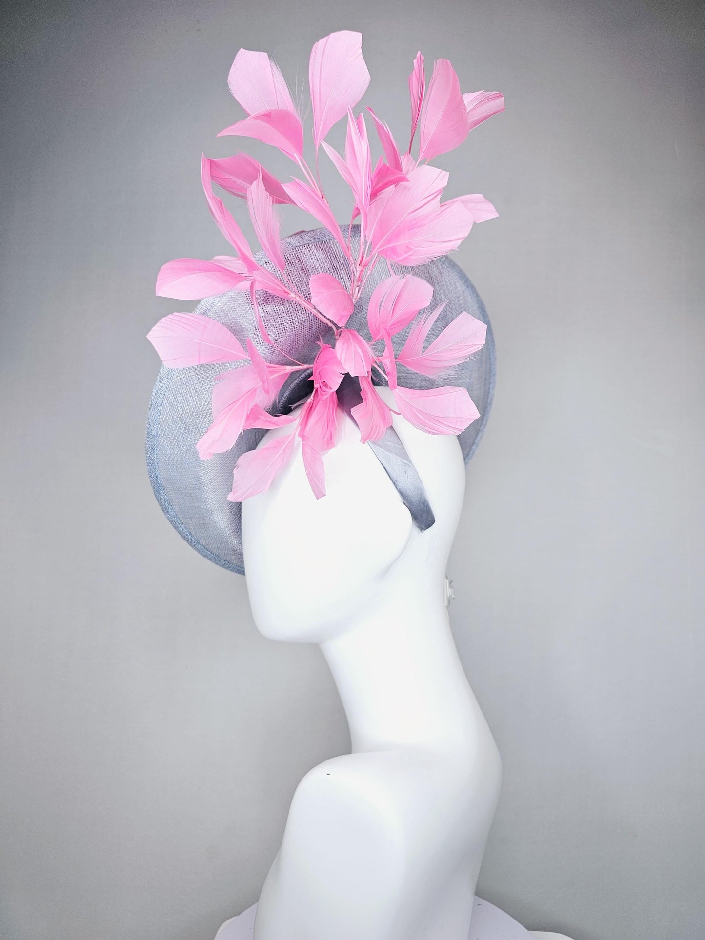kentucky derby hat fascinator light gray sinamay saucer with light pink organza satin flowers and blush pink branching feathers