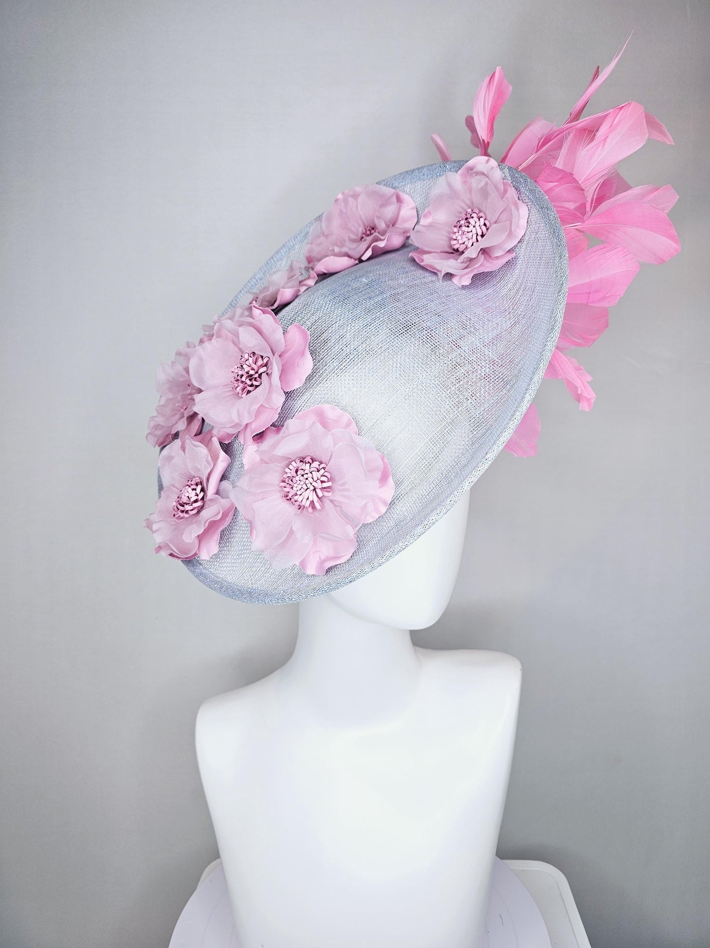 kentucky derby hat fascinator light gray sinamay saucer with light pink organza satin flowers and blush pink branching feathers