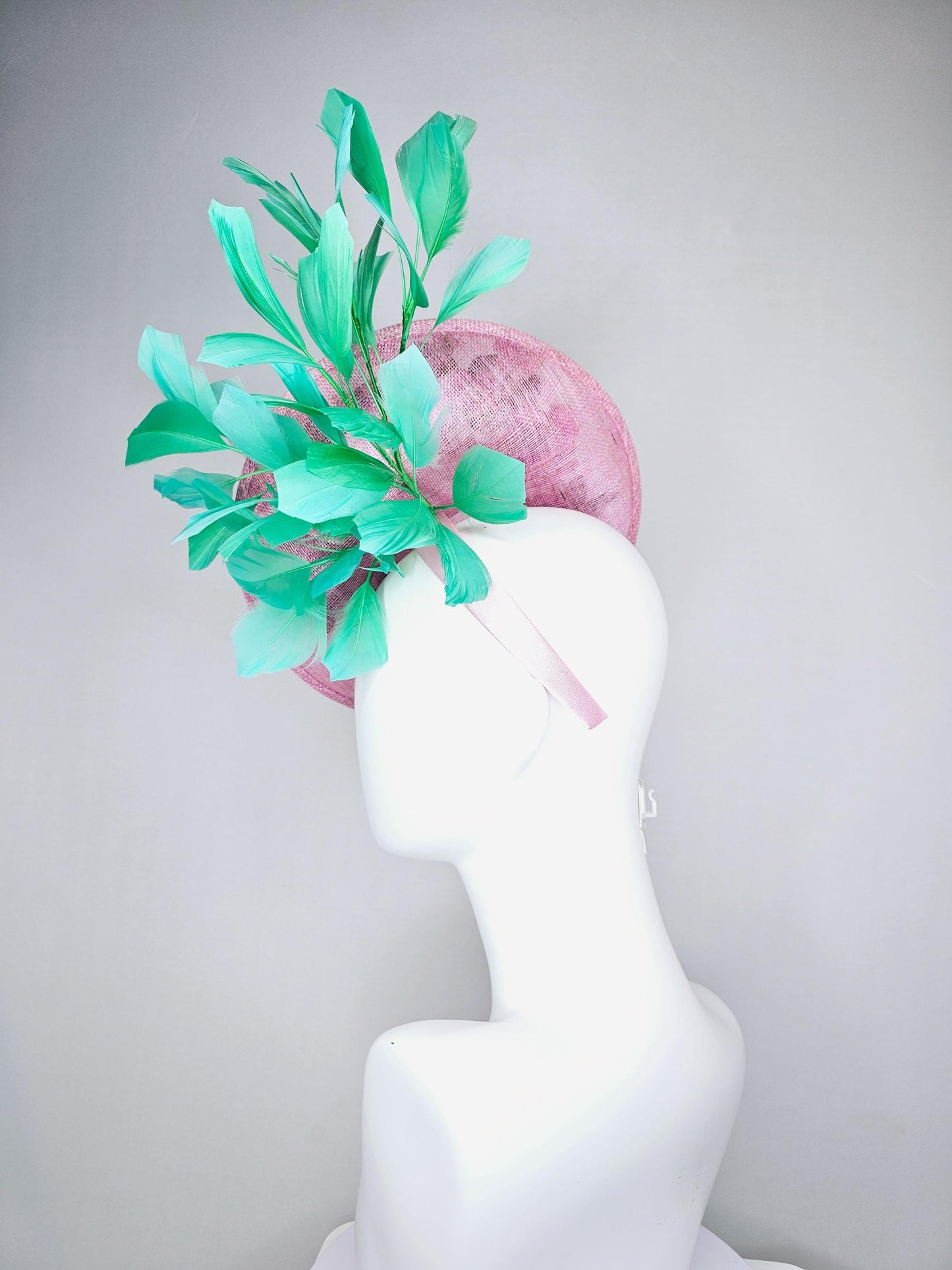 kentucky derby hat fascinator light pink sinamay saucer with pink flowers green leaves embroidered and aqua mint green branching feathers