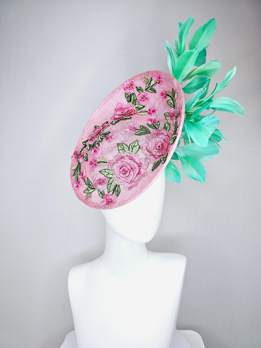 kentucky derby hat fascinator light pink sinamay saucer with pink flowers green leaves embroidered and aqua mint green branching feathers