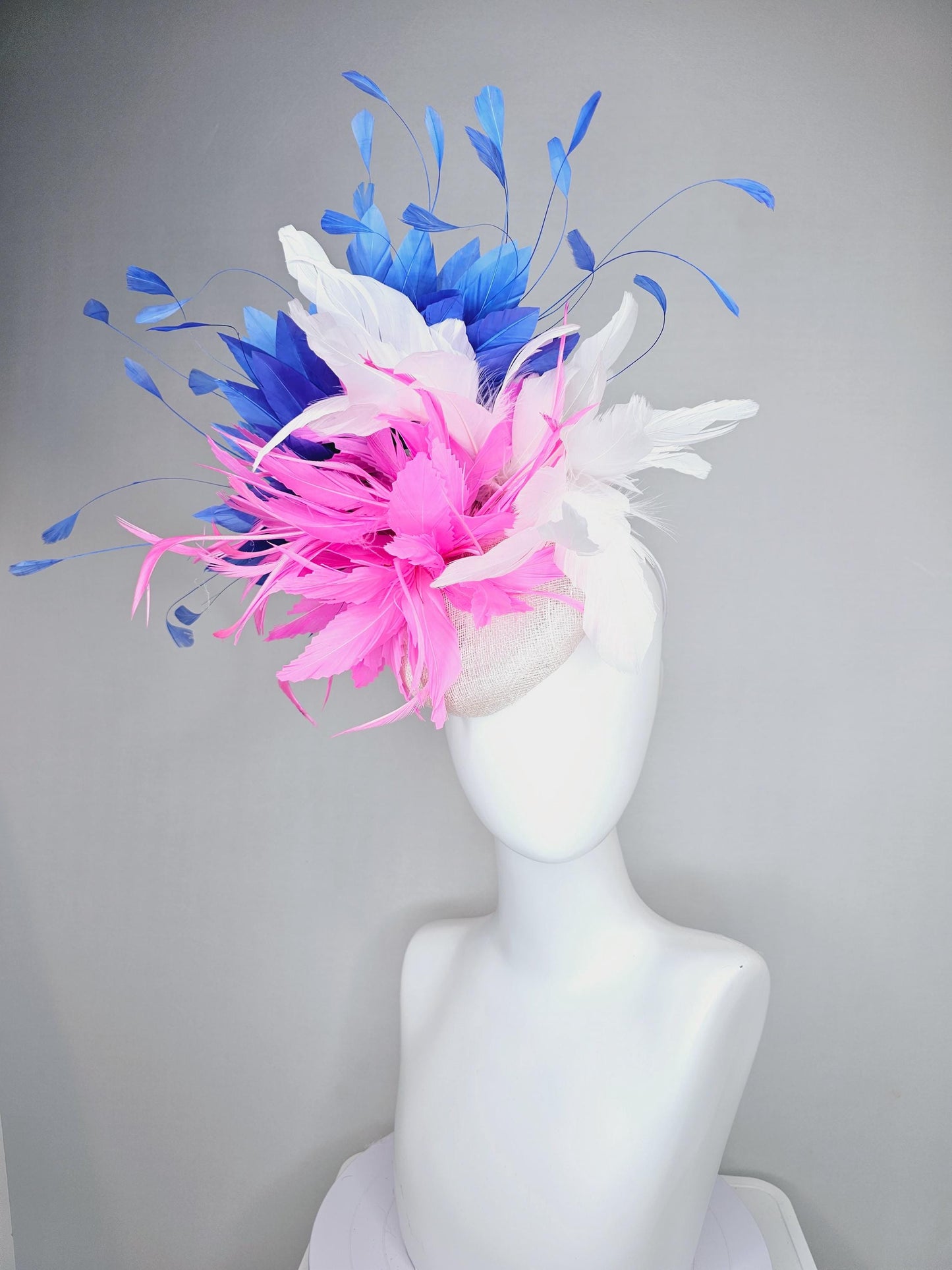 kentucky derby hat fascinator white sinamay with fluffy blush pink zigzag feather flower and white and cobalt royal blue branching feathers