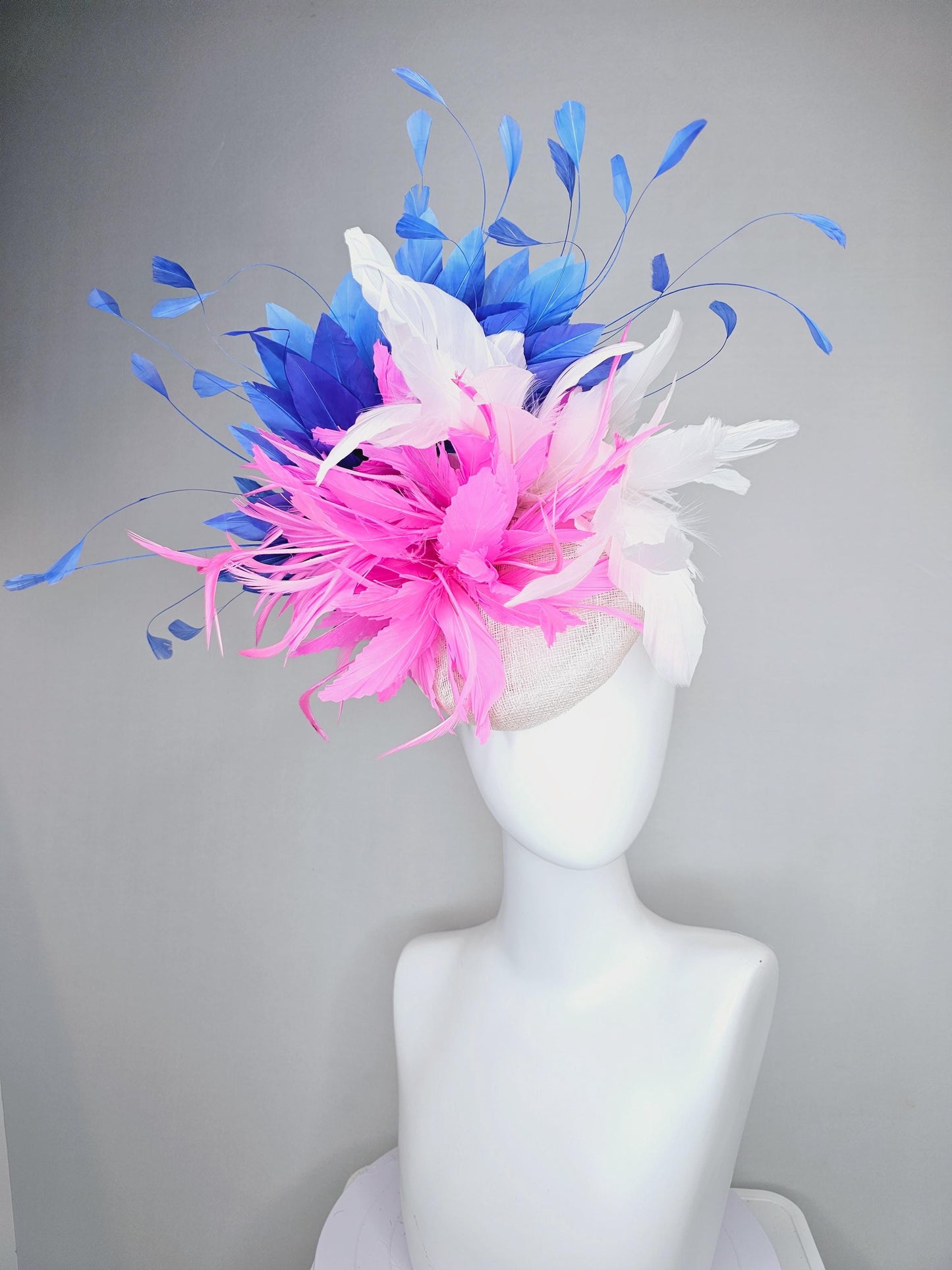 kentucky derby hat fascinator white sinamay with fluffy blush pink zigzag feather flower and white and cobalt royal blue branching feathers