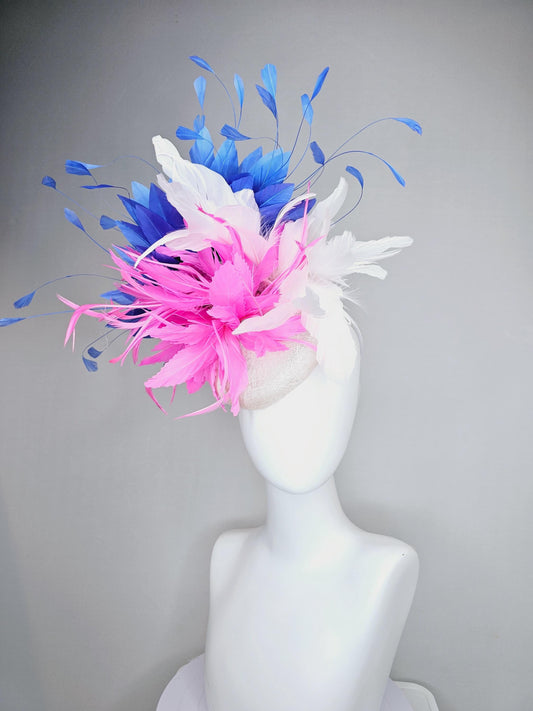 kentucky derby hat fascinator white sinamay with fluffy blush pink zigzag feather flower and white and cobalt royal blue branching feathers