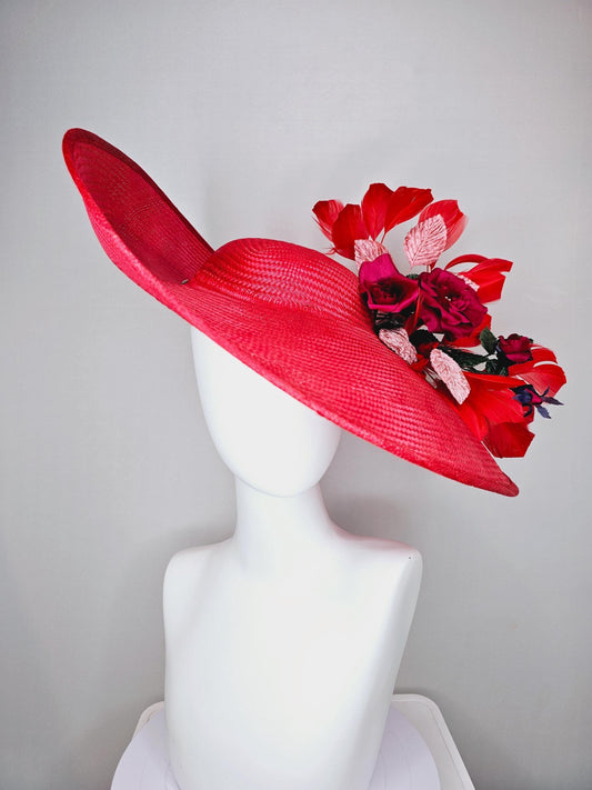 kentucky derby hat wide brim straw in red with scarlet red branching feathers with burgundy red satin roses and light pink dark green leaves