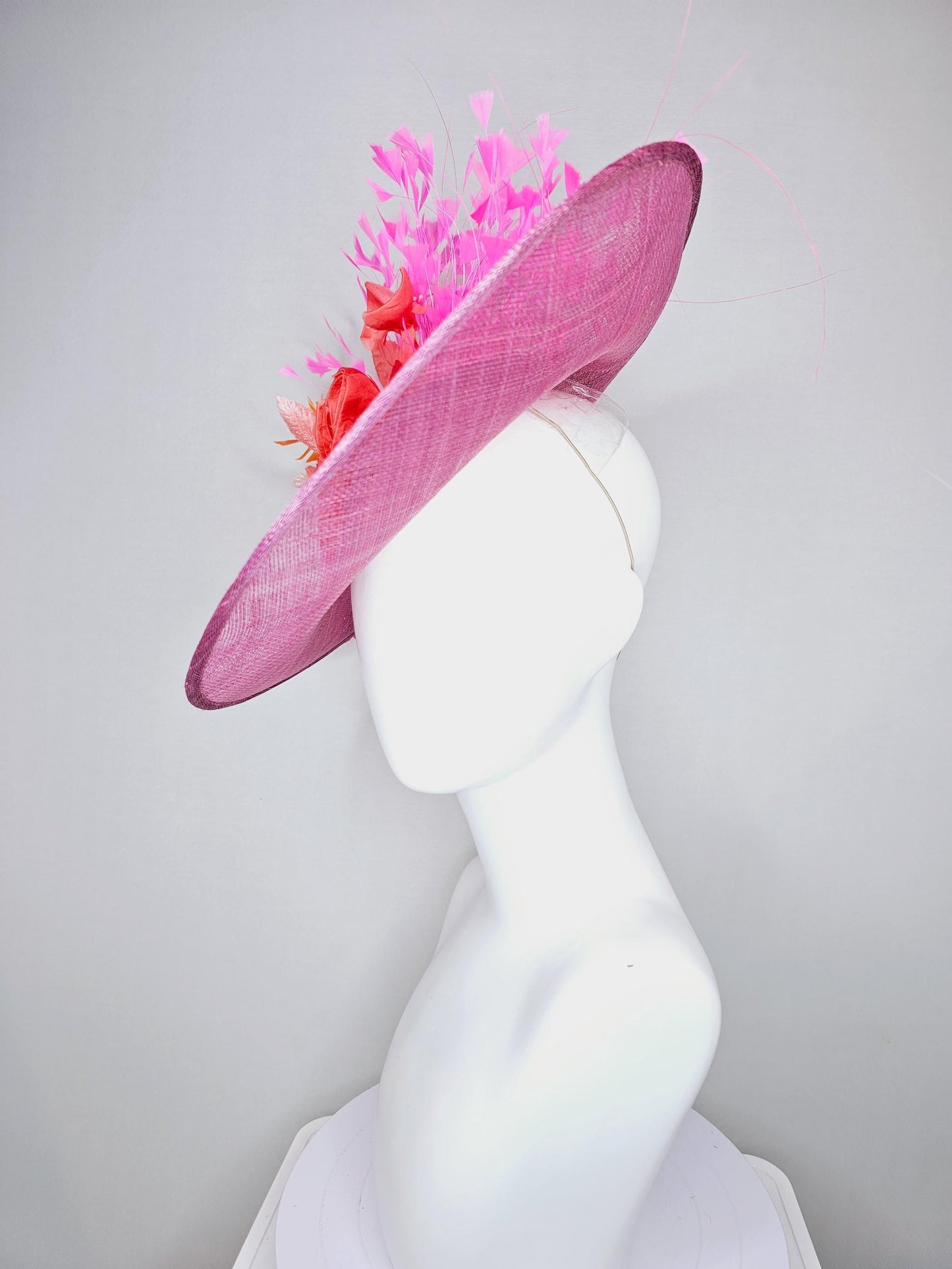 kentucky derby hat fascinator pink sinamay saucer fuchsia pink coral orange satin roses light pink leaves apricot orange brigh pink feathers