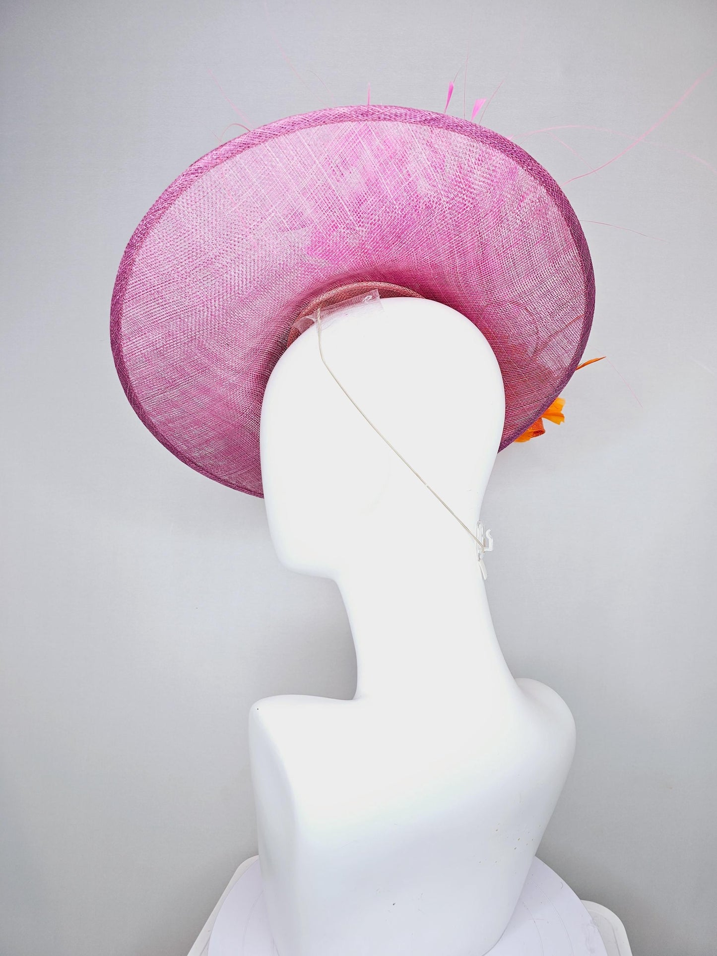 kentucky derby hat fascinator pink sinamay saucer fuchsia pink coral orange satin roses light pink leaves apricot orange brigh pink feathers