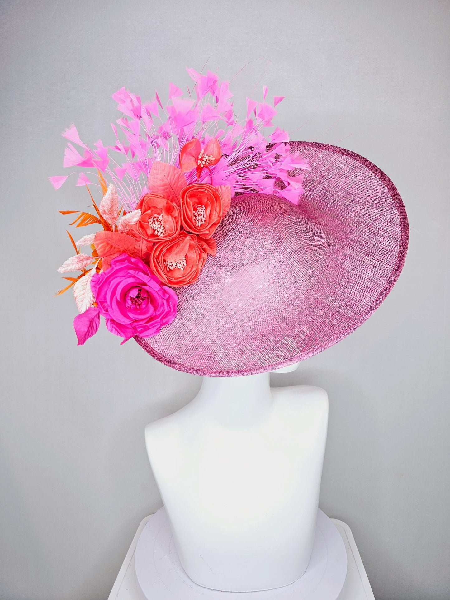 kentucky derby hat fascinator pink sinamay saucer fuchsia pink coral orange satin roses light pink leaves apricot orange brigh pink feathers