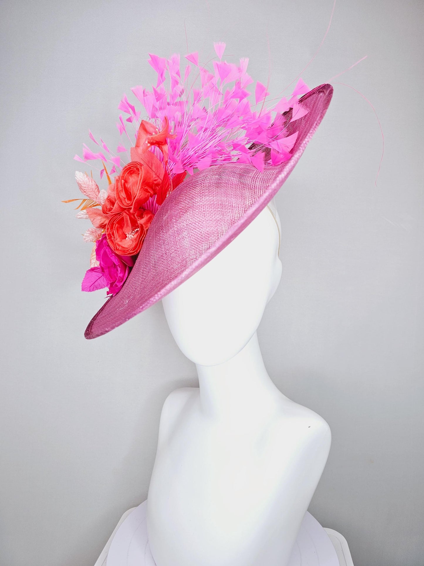 kentucky derby hat fascinator pink sinamay saucer fuchsia pink coral orange satin roses light pink leaves apricot orange brigh pink feathers