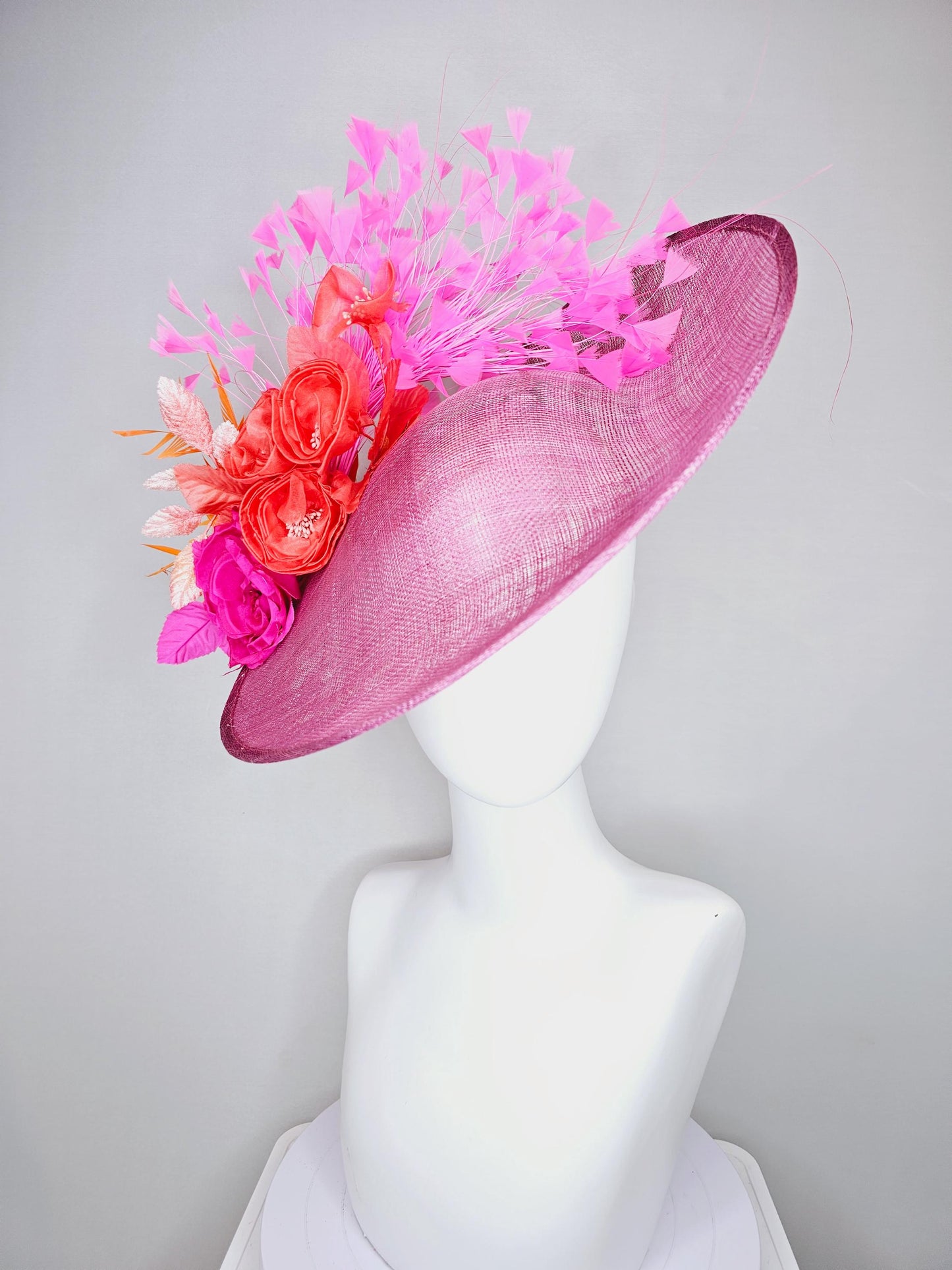 kentucky derby hat fascinator pink sinamay saucer fuchsia pink coral orange satin roses light pink leaves apricot orange brigh pink feathers