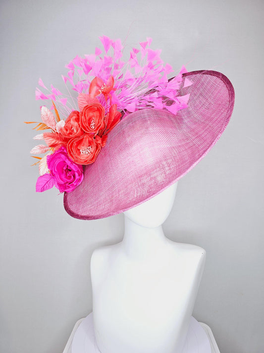kentucky derby hat fascinator pink sinamay saucer fuchsia pink coral orange satin roses light pink leaves apricot orange brigh pink feathers