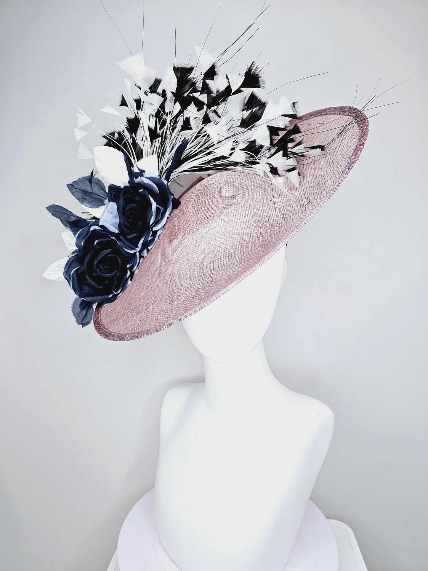 kentucky derby hat fascinator mauve taupe gray sinamay saucer black and white organza roses black and white leaves black and white feathers