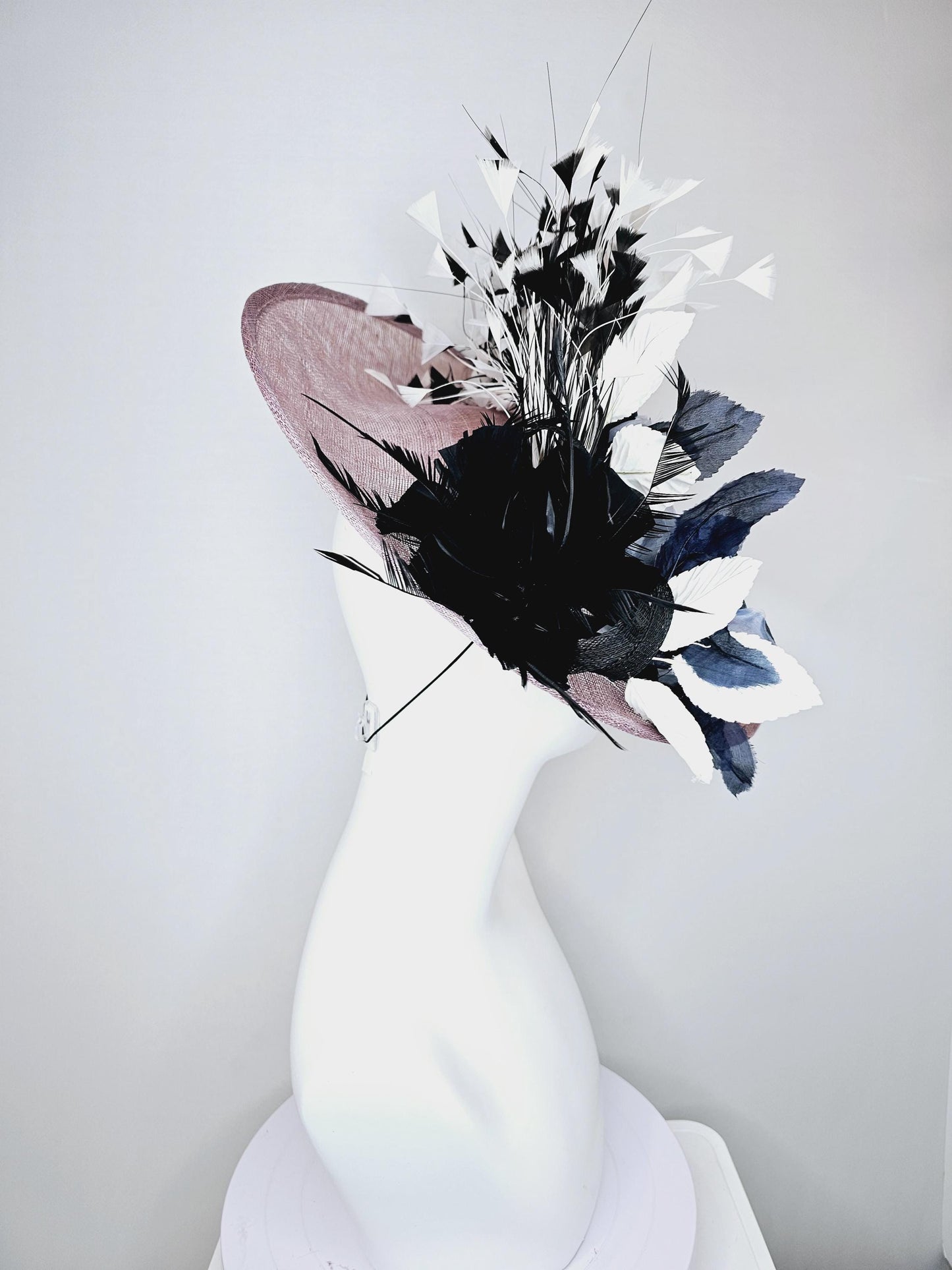 kentucky derby hat fascinator mauve taupe gray sinamay saucer black and white organza roses black and white leaves black and white feathers