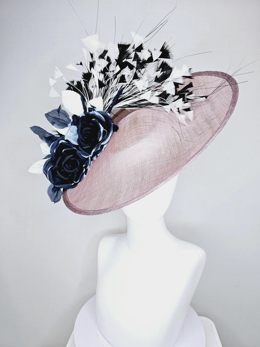 kentucky derby hat fascinator mauve taupe gray sinamay saucer black and white organza roses black and white leaves black and white feathers