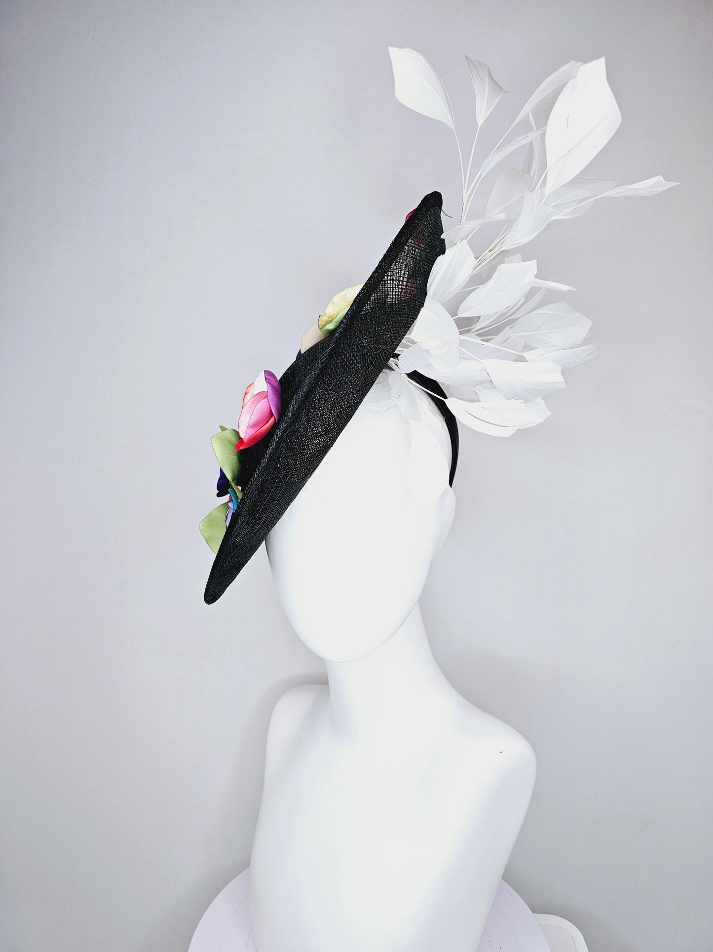 kentucky derby hat fascinator black sinamay saucer with colorful pink red coral orange yellow purple blue green satin flowers white feathers