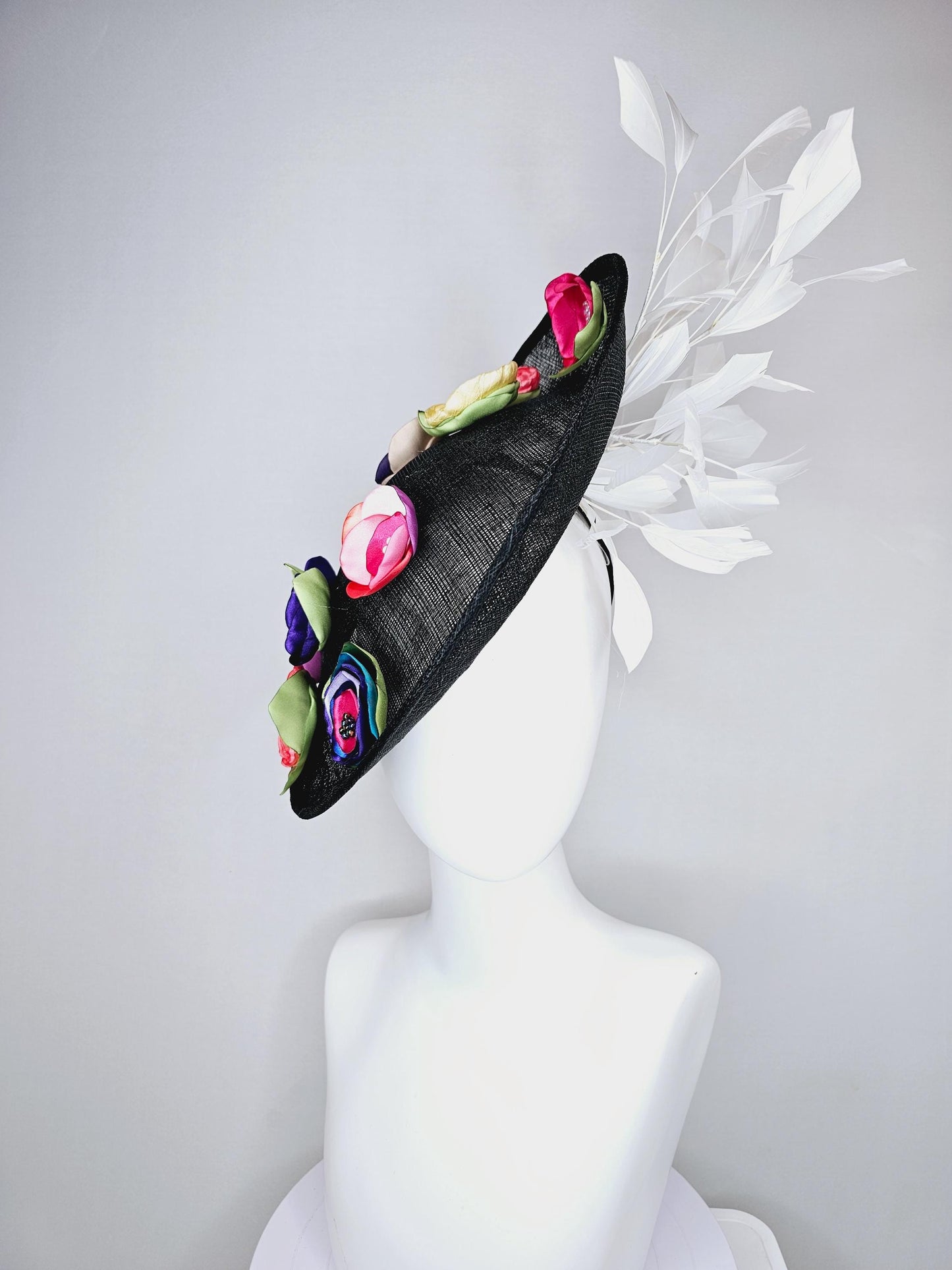 kentucky derby hat fascinator black sinamay saucer with colorful pink red coral orange yellow purple blue green satin flowers white feathers