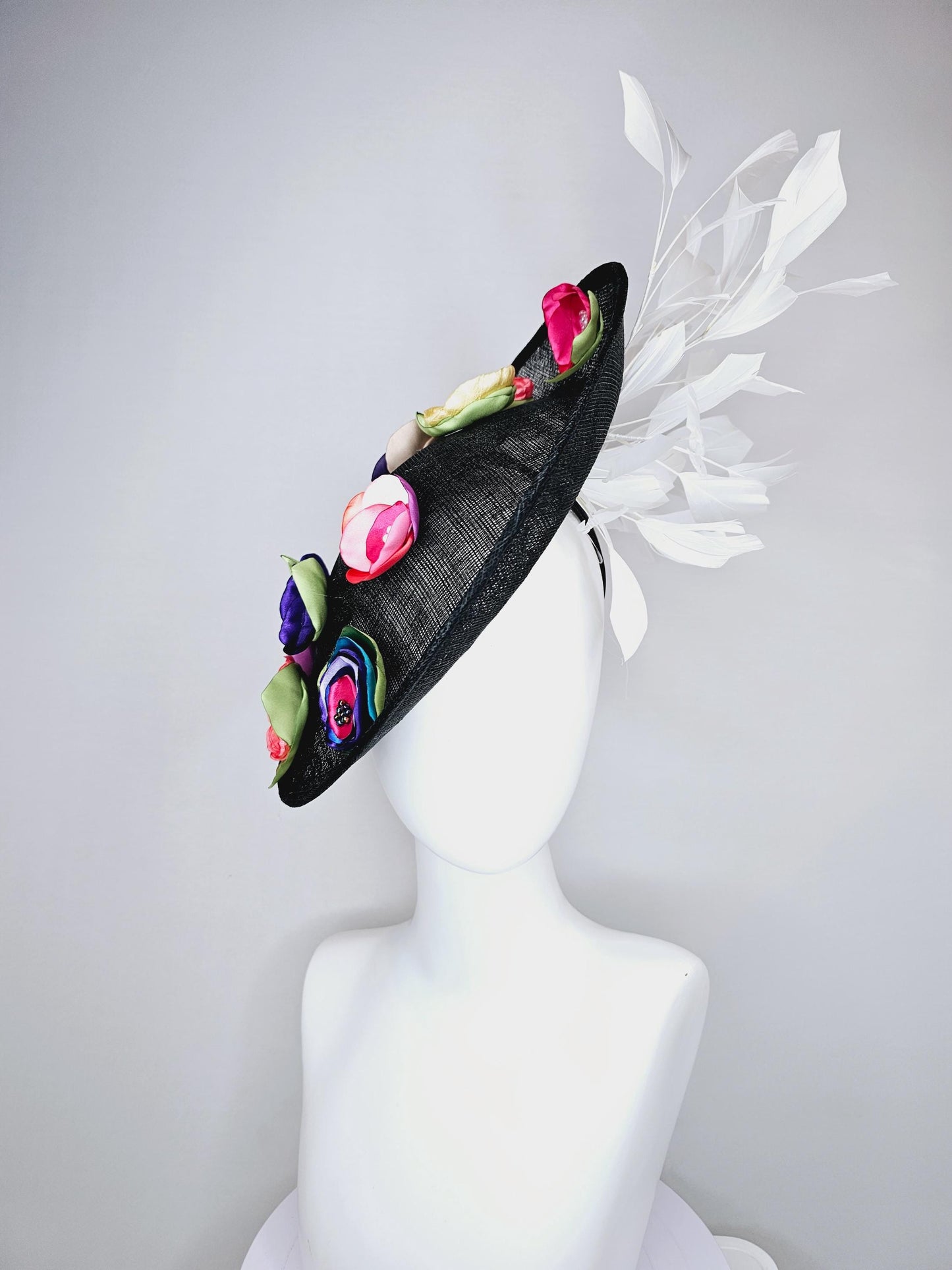 kentucky derby hat fascinator black sinamay saucer with colorful pink red coral orange yellow purple blue green satin flowers white feathers