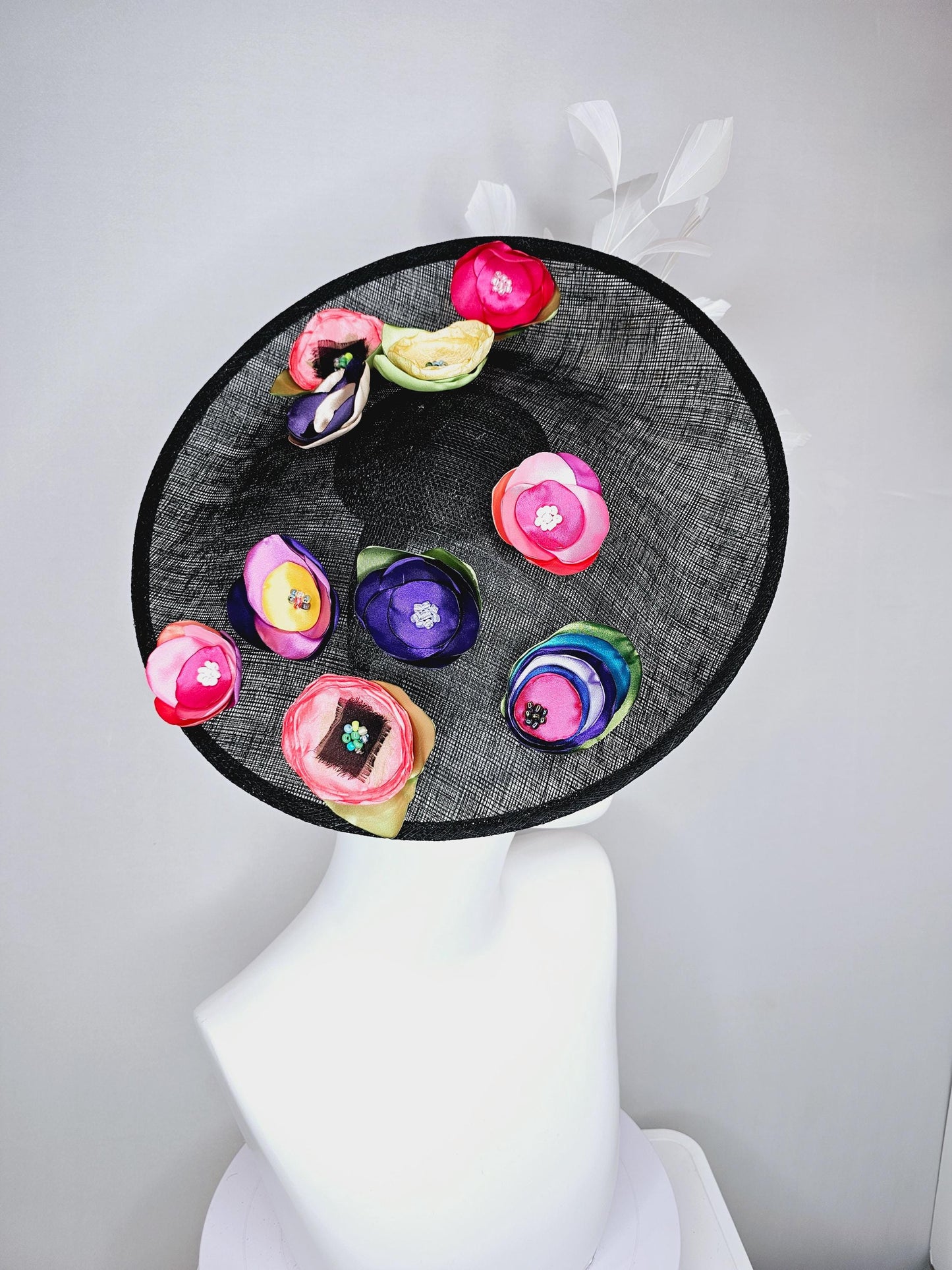kentucky derby hat fascinator black sinamay saucer with colorful pink red coral orange yellow purple blue green satin flowers white feathers