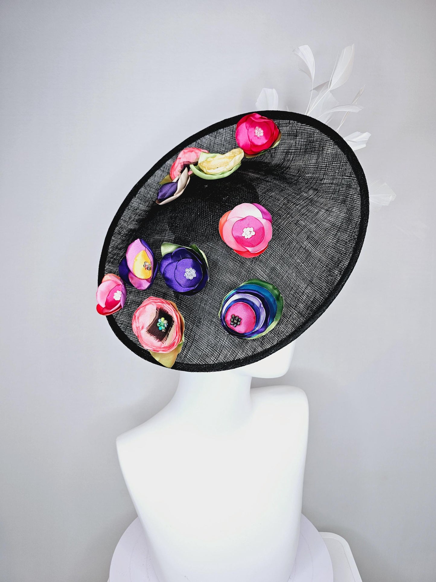 kentucky derby hat fascinator black sinamay saucer with colorful pink red coral orange yellow purple blue green satin flowers white feathers