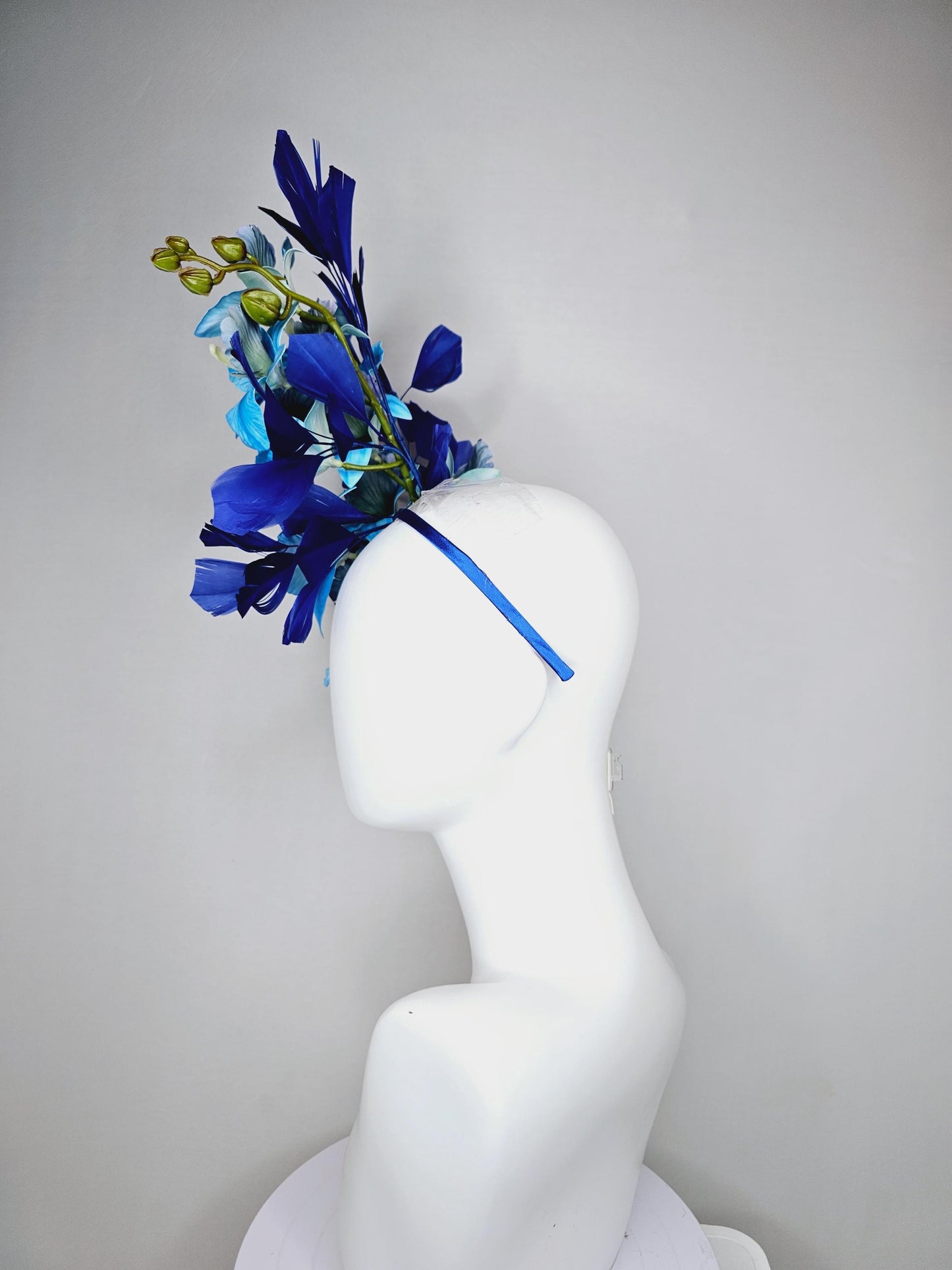 kentucky derby hat fascinator large sky blue cobalt blue satin silk orchid flowers with royal blue branching feathers