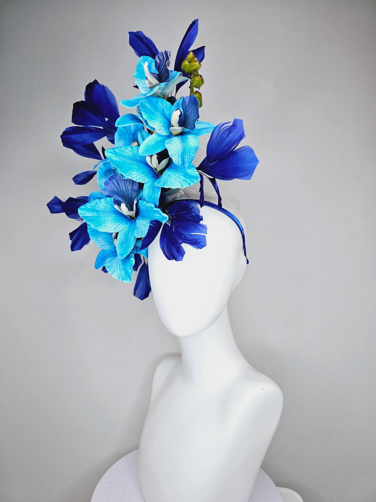 kentucky derby hat fascinator large sky blue cobalt blue satin silk orchid flowers with royal blue branching feathers