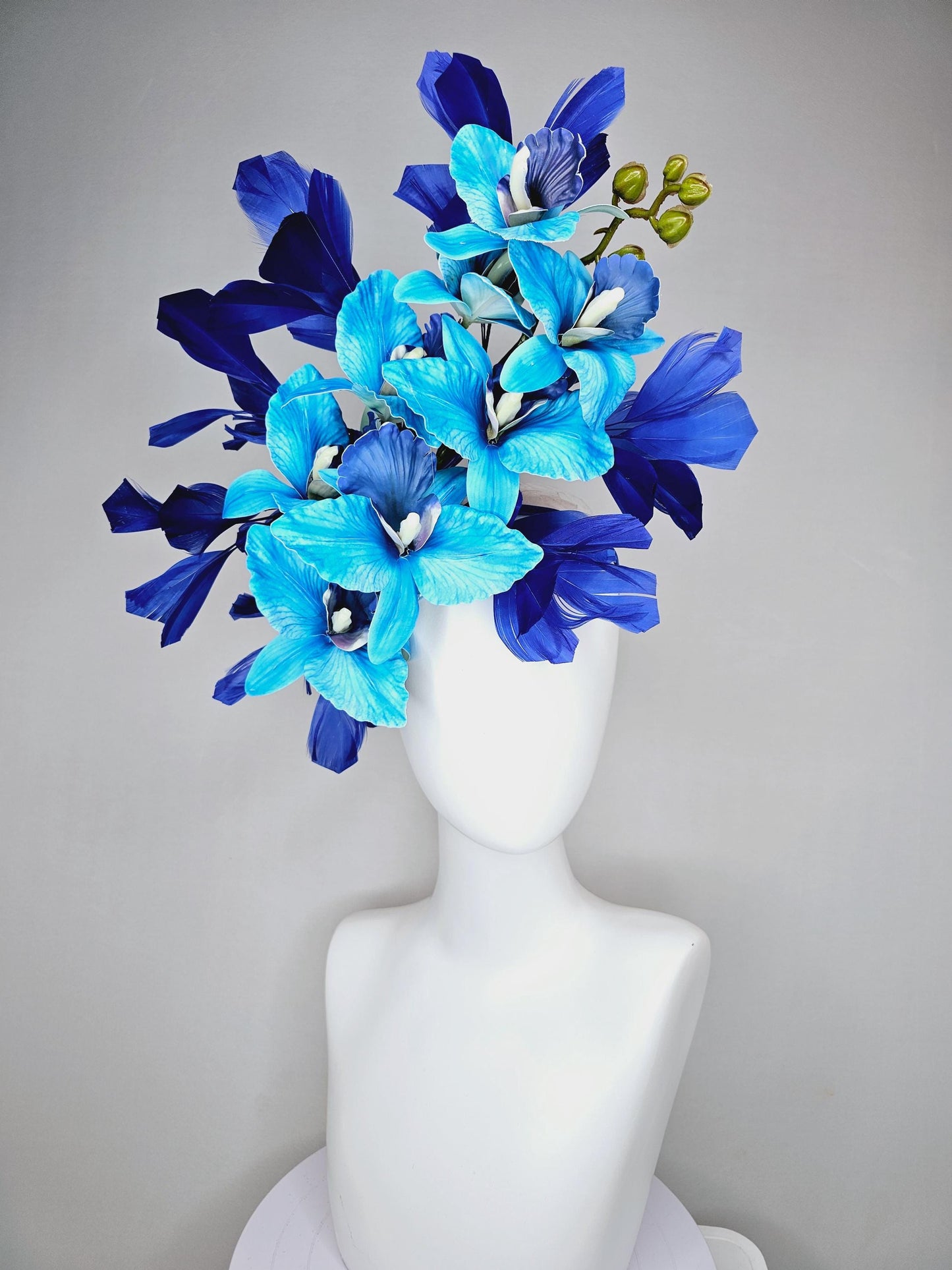 kentucky derby hat fascinator large sky blue cobalt blue satin silk orchid flowers with royal blue branching feathers