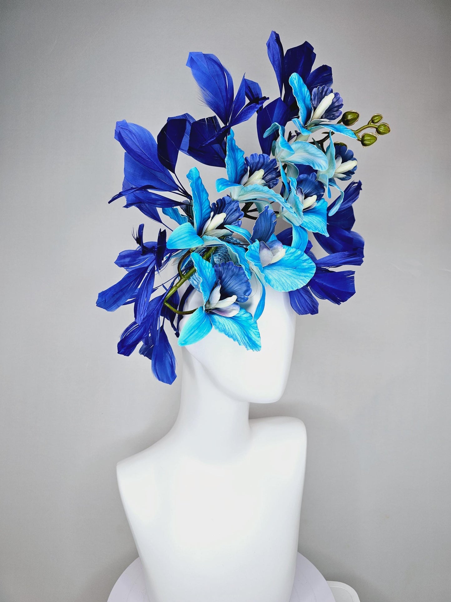 kentucky derby hat fascinator large sky blue cobalt blue satin silk orchid flowers with royal blue branching feathers