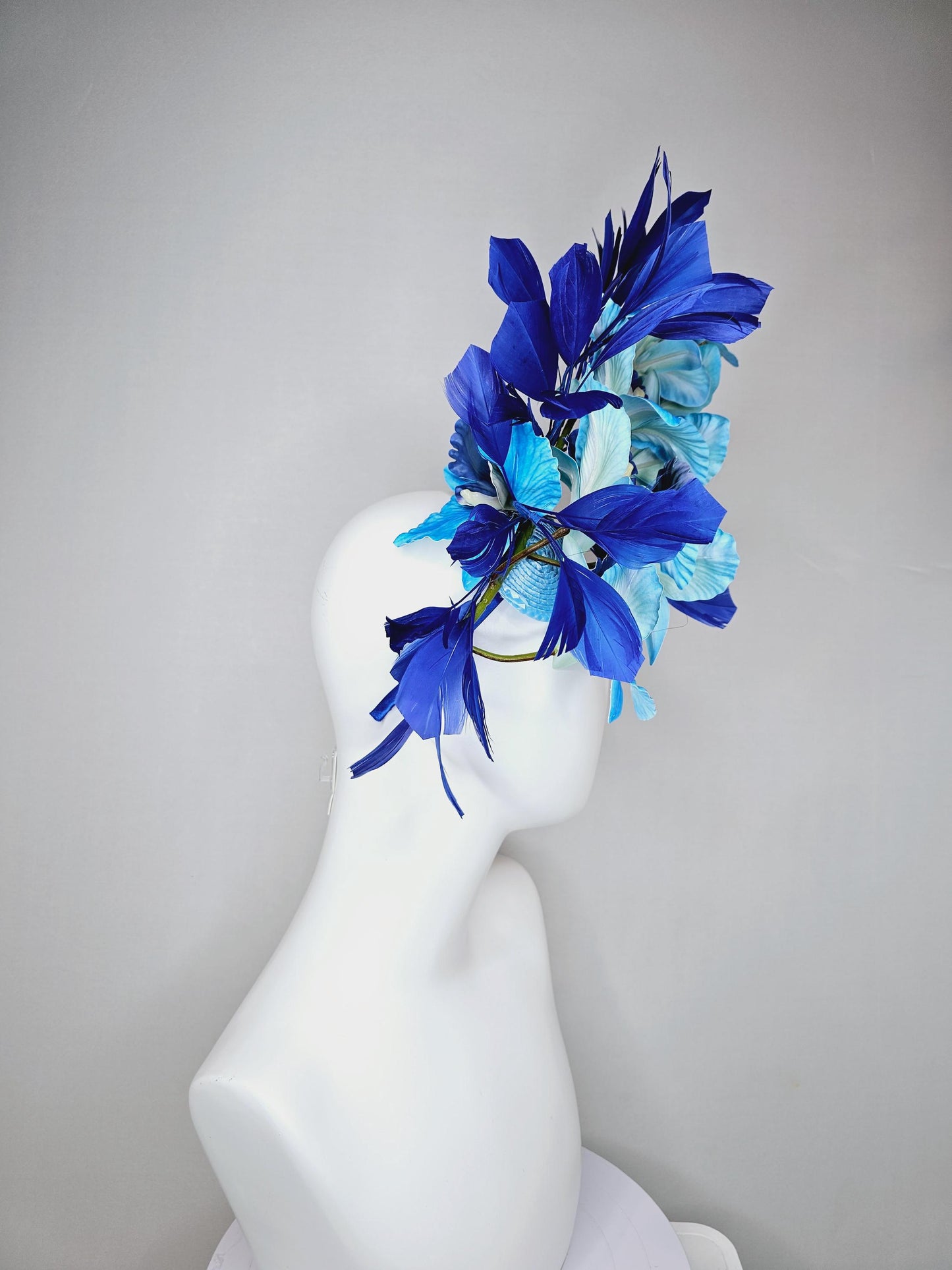 kentucky derby hat fascinator large sky blue cobalt blue satin silk orchid flowers with royal blue branching feathers