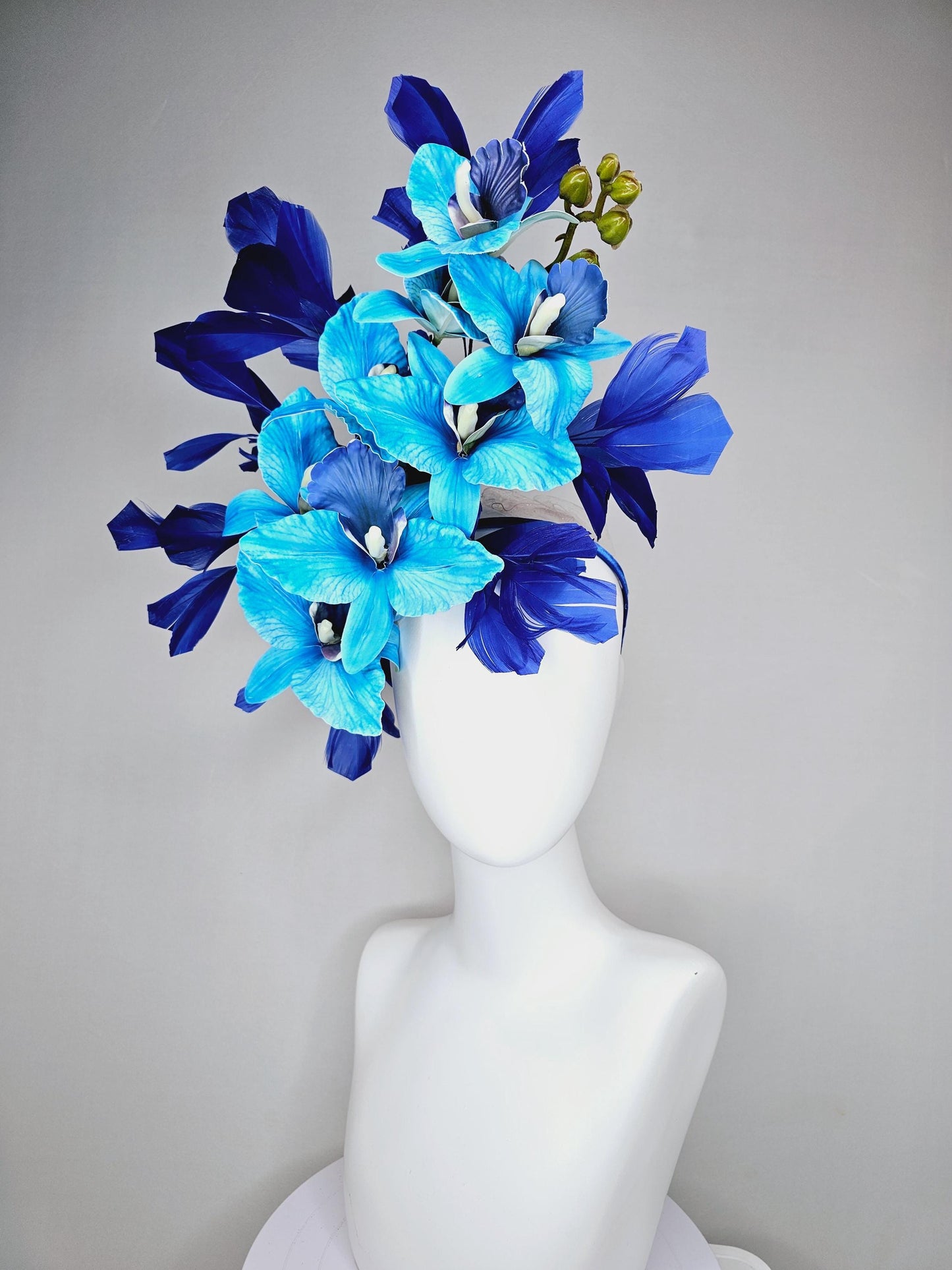 kentucky derby hat fascinator large sky blue cobalt blue satin silk orchid flowers with royal blue branching feathers