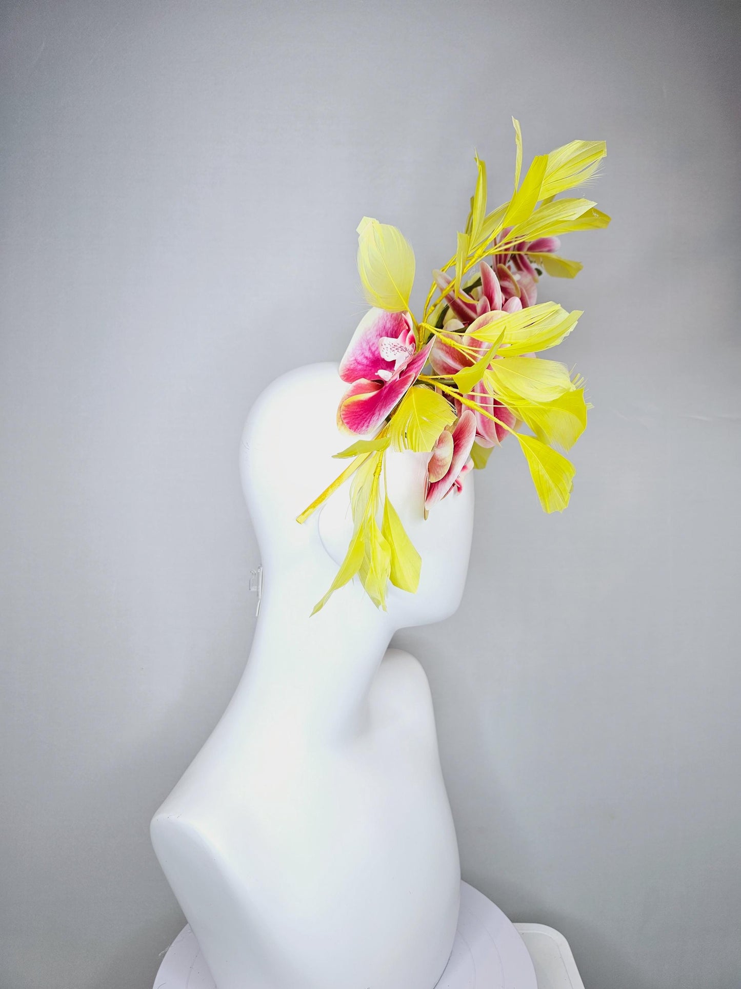 kentucky derby hat fascinator large white and raspberry pink satin silk orchid flowers with yellow branching feathers