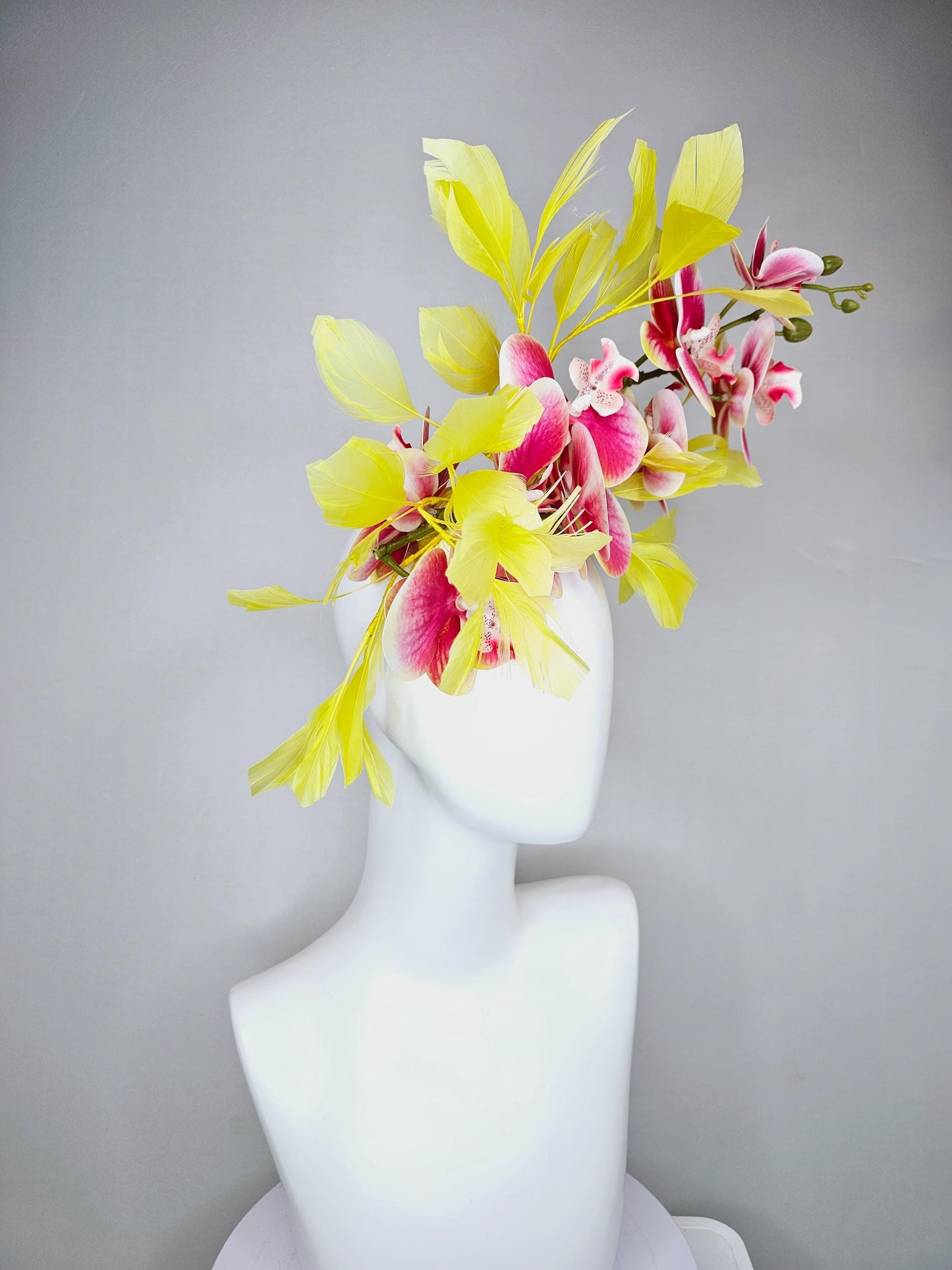 kentucky derby hat fascinator large white and raspberry pink satin silk orchid flowers with yellow branching feathers