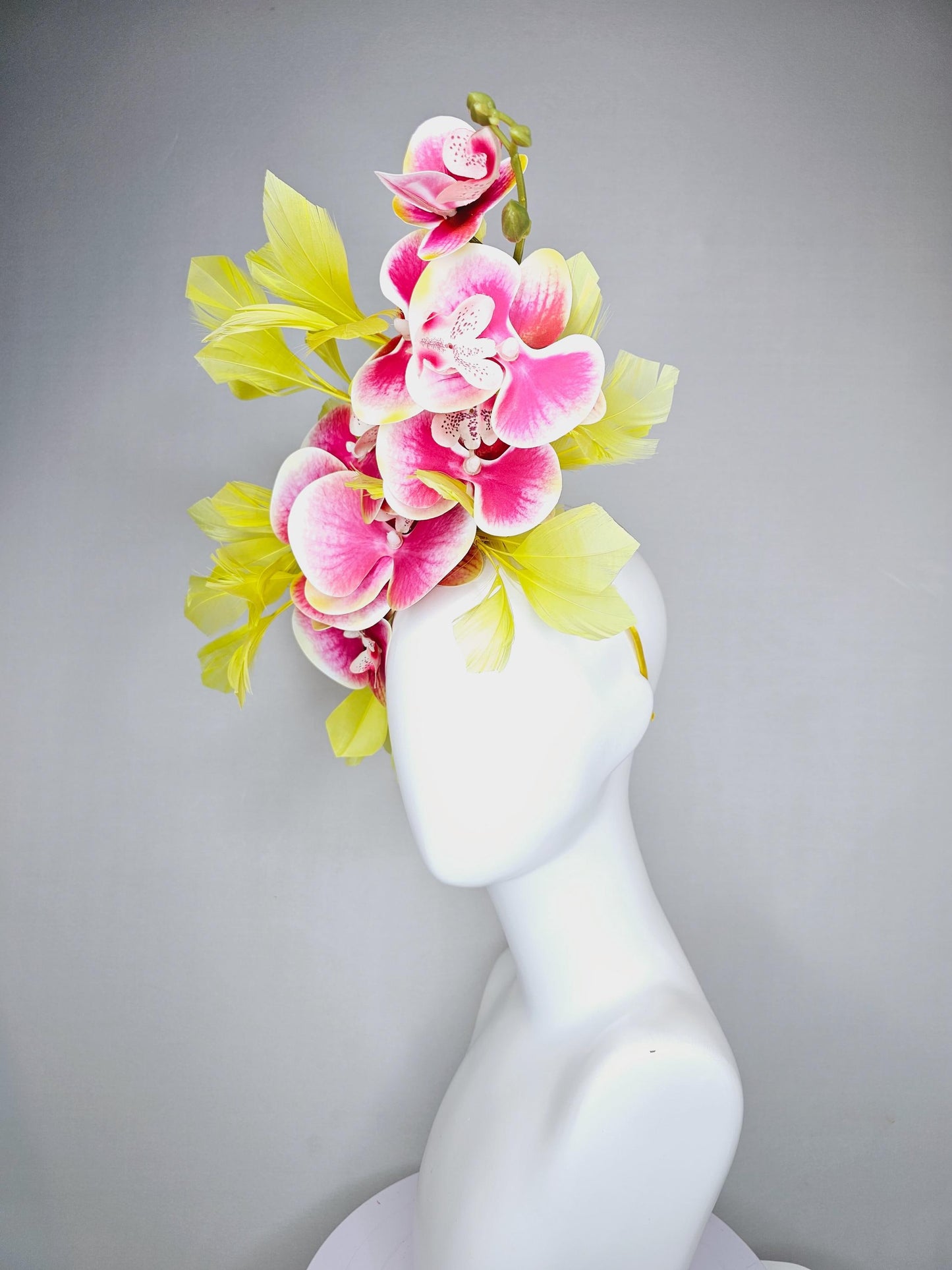 kentucky derby hat fascinator large white and raspberry pink satin silk orchid flowers with yellow branching feathers