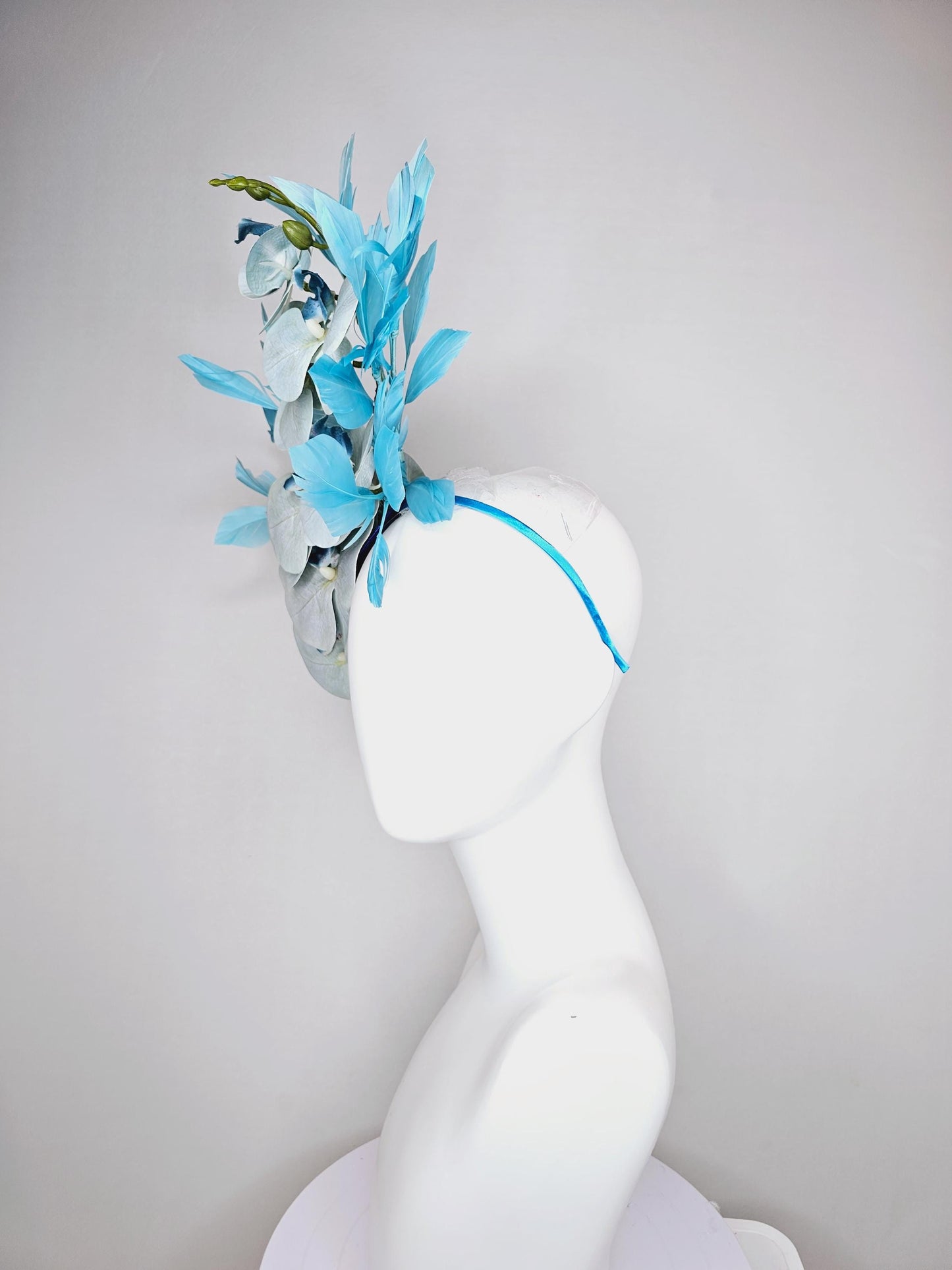 kentucky derby hat fascinator large pastel light blue satin silk orchid flowers with sky blue branching feathers