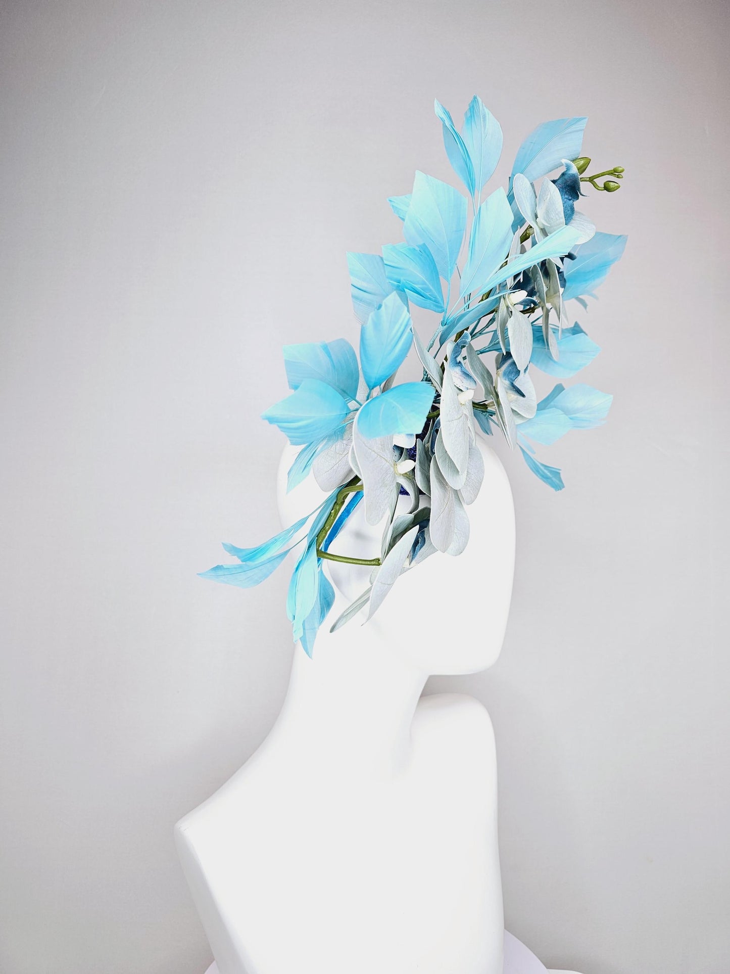 kentucky derby hat fascinator large pastel light blue satin silk orchid flowers with sky blue branching feathers