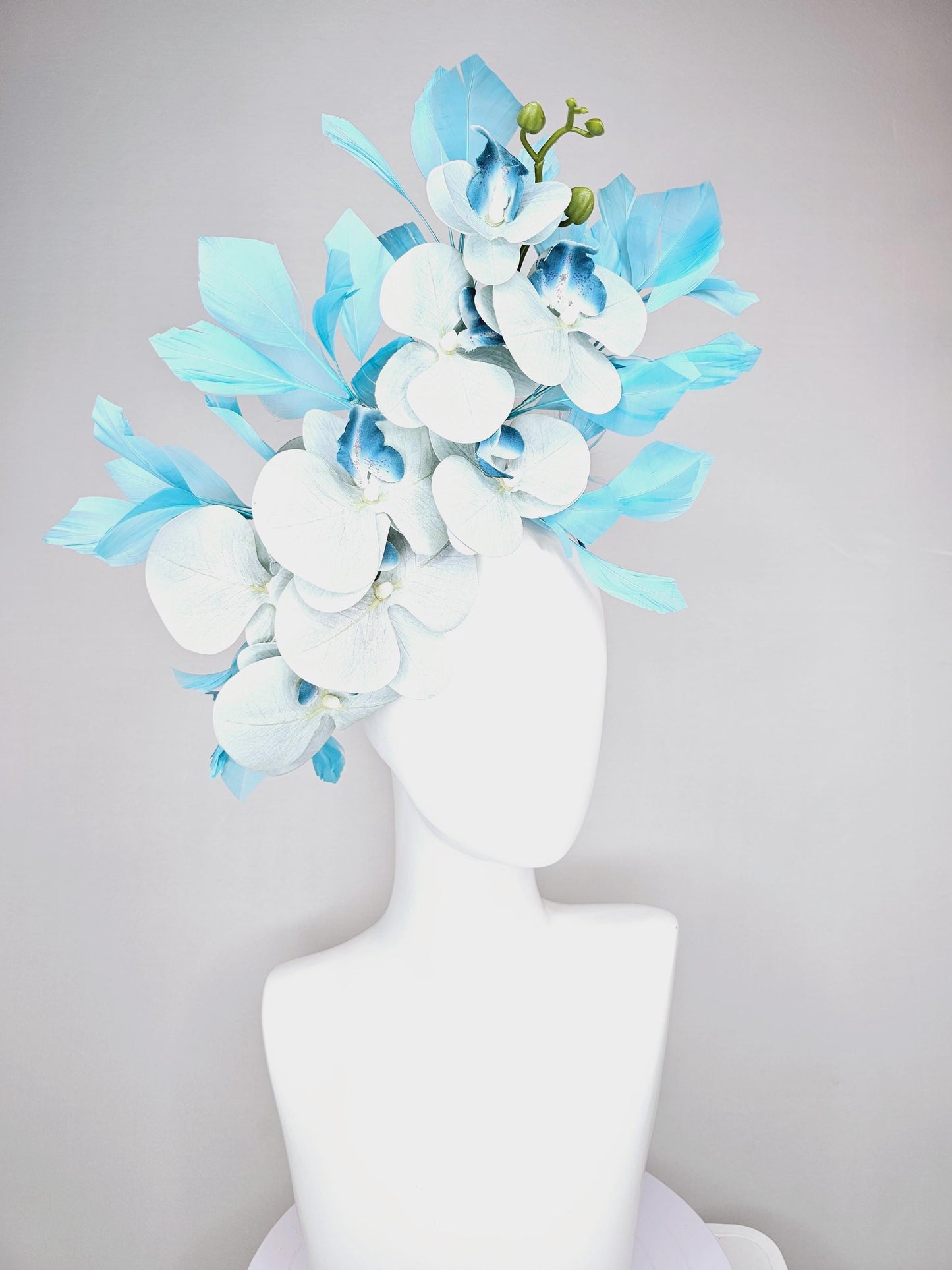 kentucky derby hat fascinator large pastel light blue satin silk orchid flowers with sky blue branching feathers