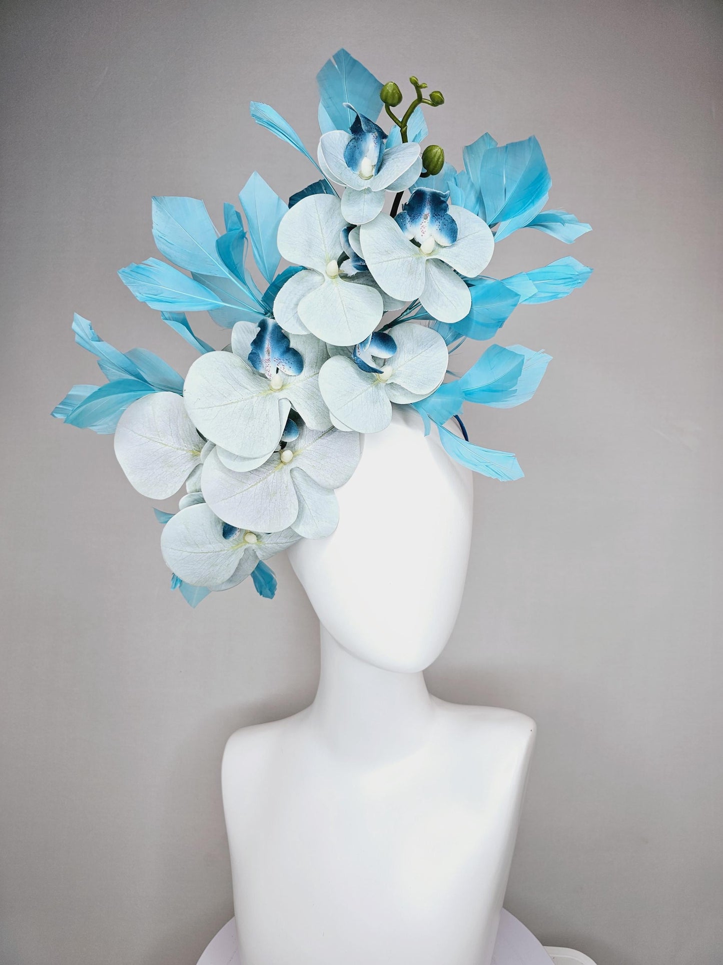 kentucky derby hat fascinator large pastel light blue satin silk orchid flowers with sky blue branching feathers