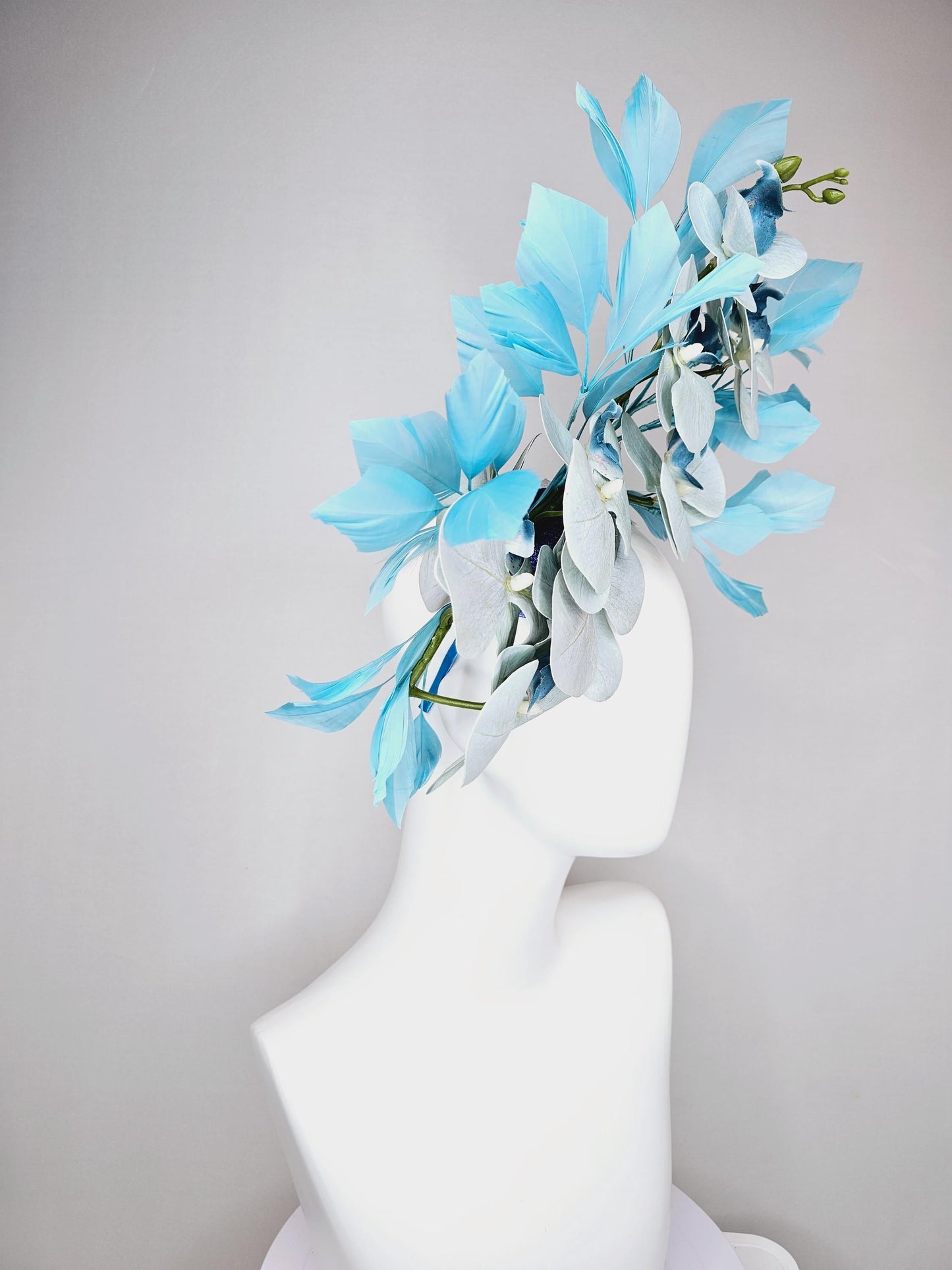 kentucky derby hat fascinator large pastel light blue satin silk orchid flowers with sky blue branching feathers