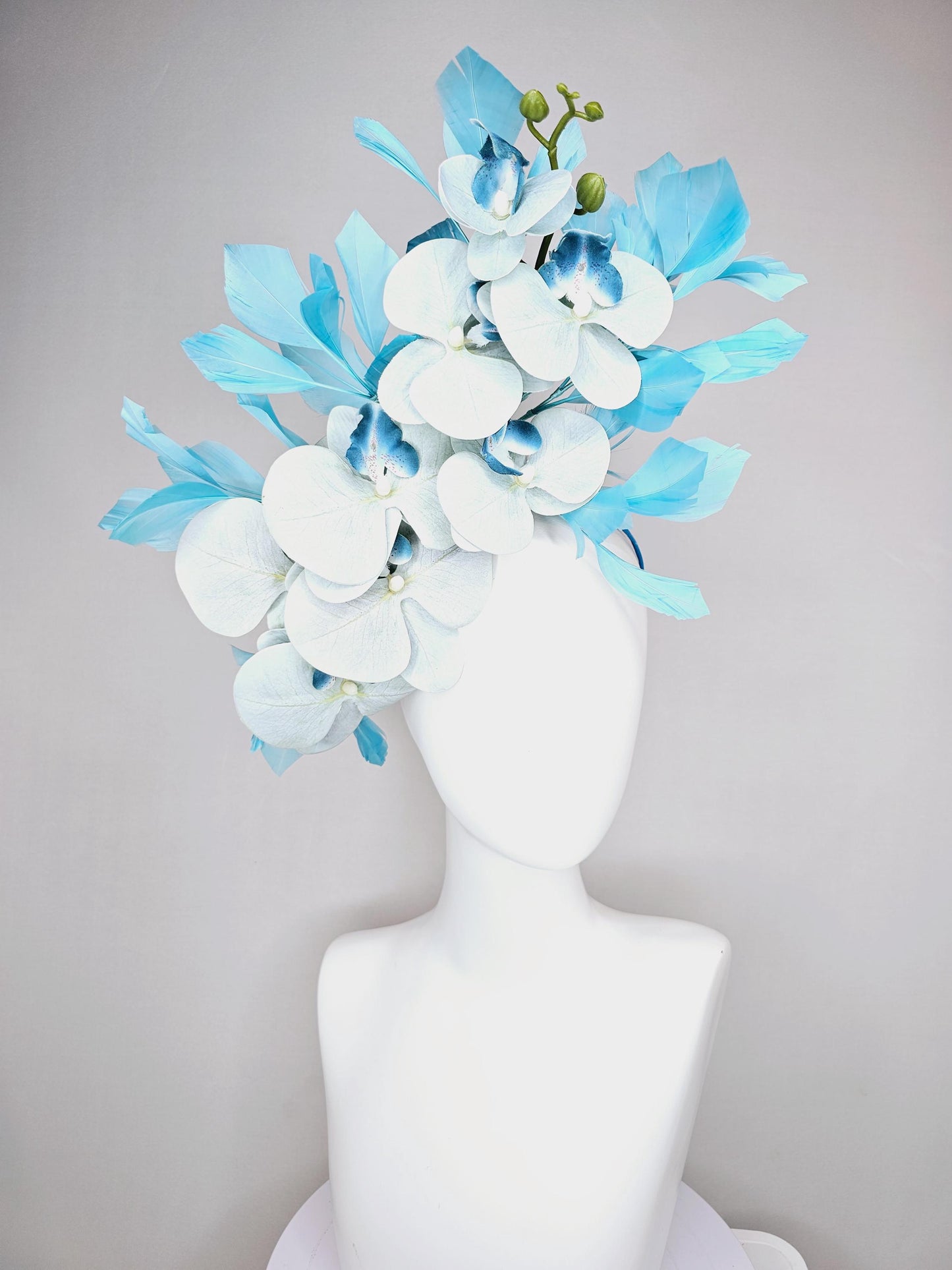 kentucky derby hat fascinator large pastel light blue satin silk orchid flowers with sky blue branching feathers