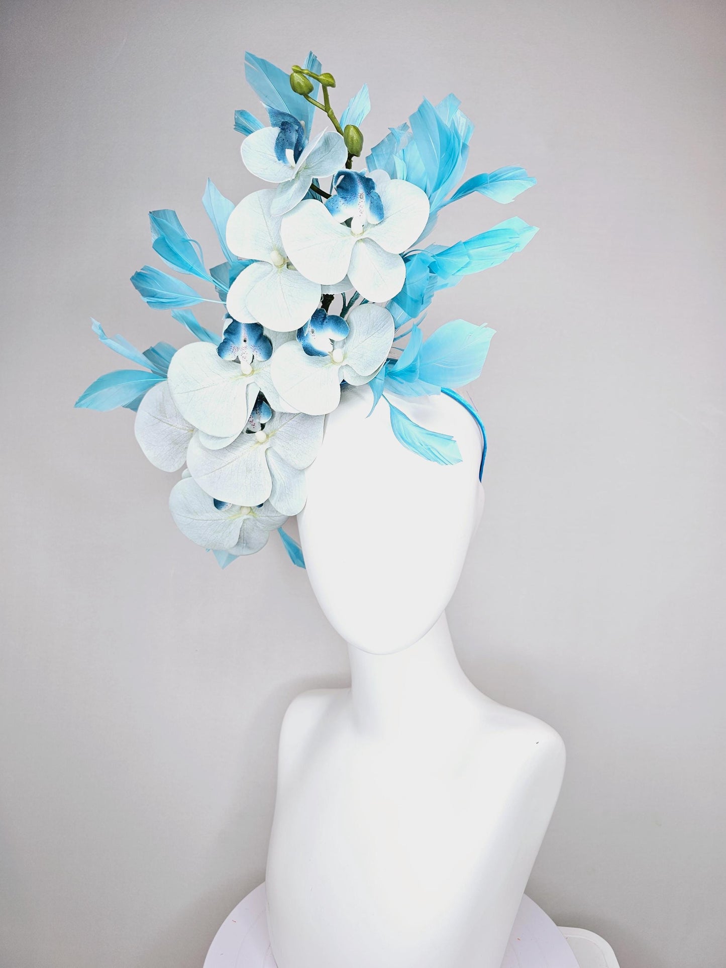 kentucky derby hat fascinator large pastel light blue satin silk orchid flowers with sky blue branching feathers