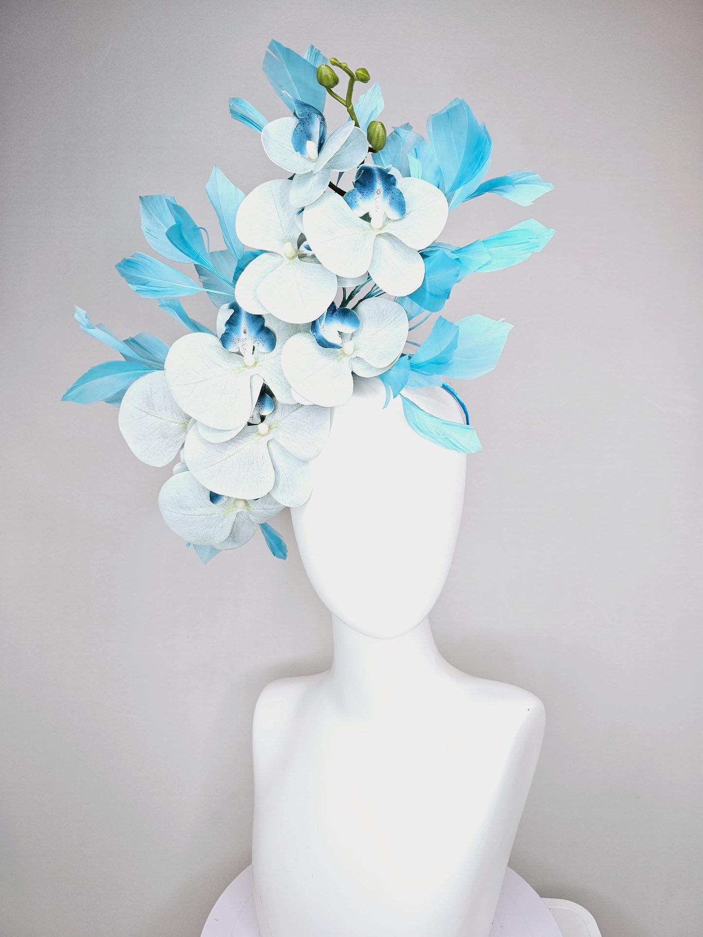 kentucky derby hat fascinator large pastel light blue satin silk orchid flowers with sky blue branching feathers