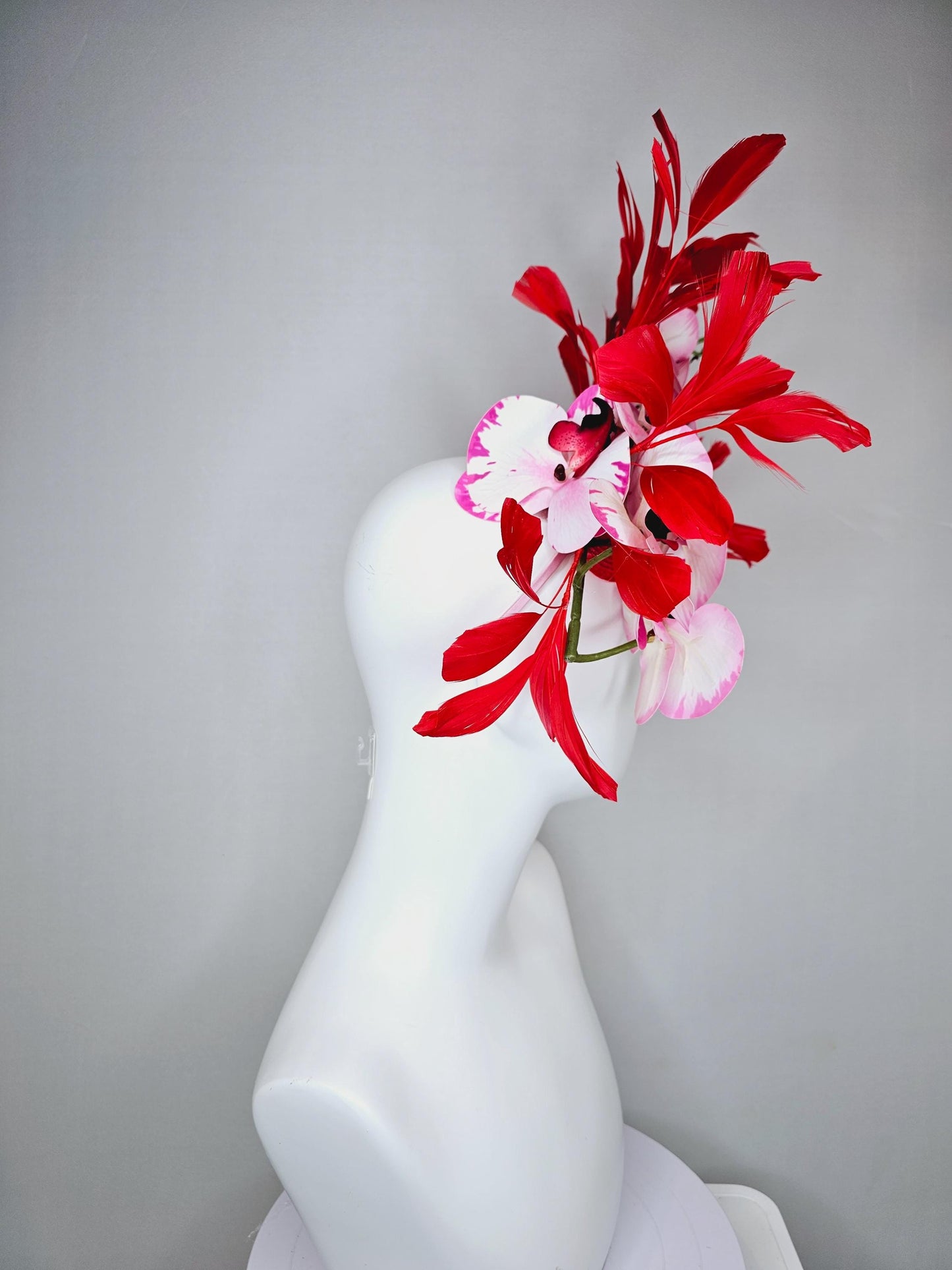 kentucky derby hat fascinator large white pink and red satin silk orchid flowers with scarlet red branching feathers